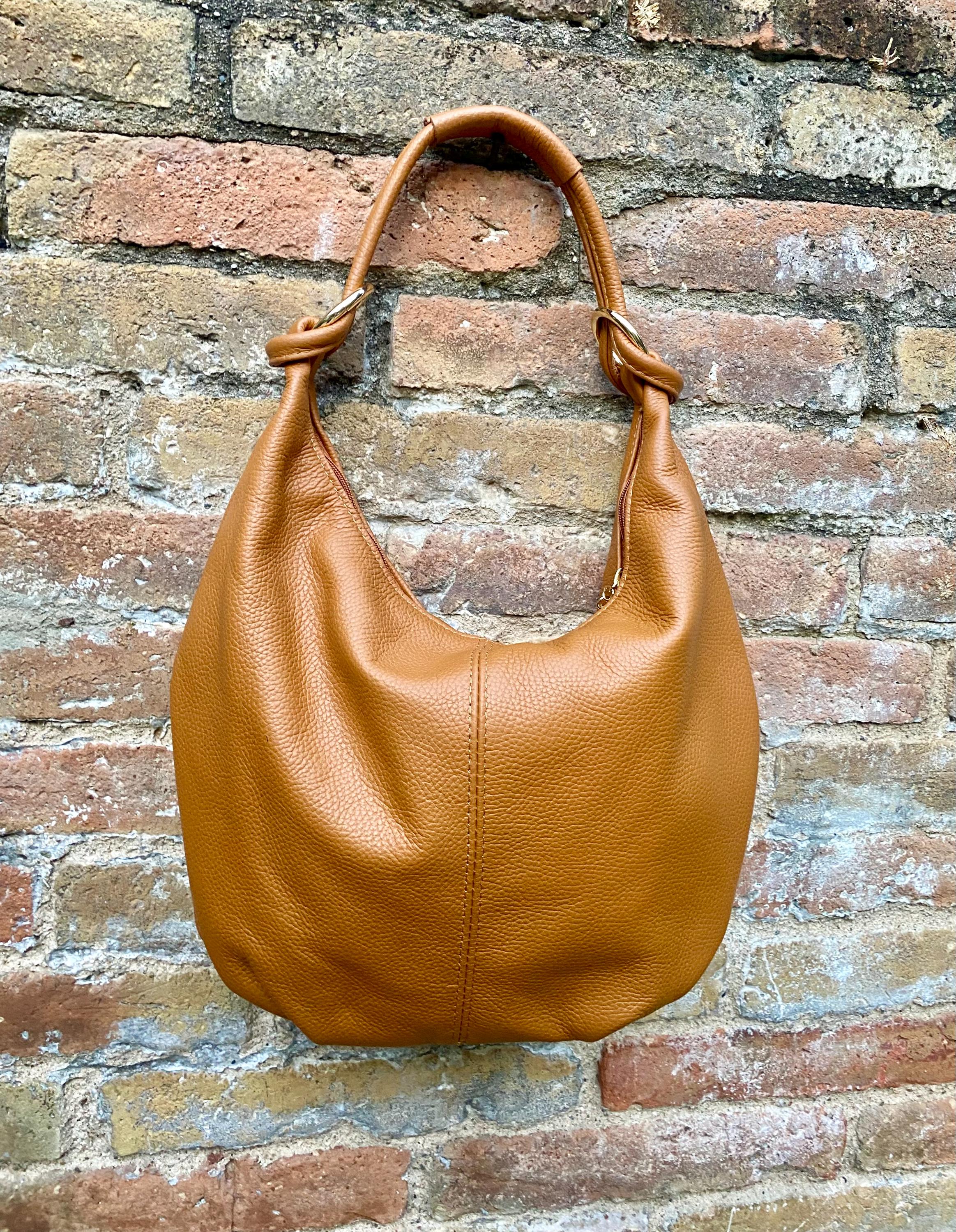 Camel brown leather slouchy bag with ZIPPER + lining. Soft natural genuine leather bag. Light brown leather purse. Brown leather hobo bag