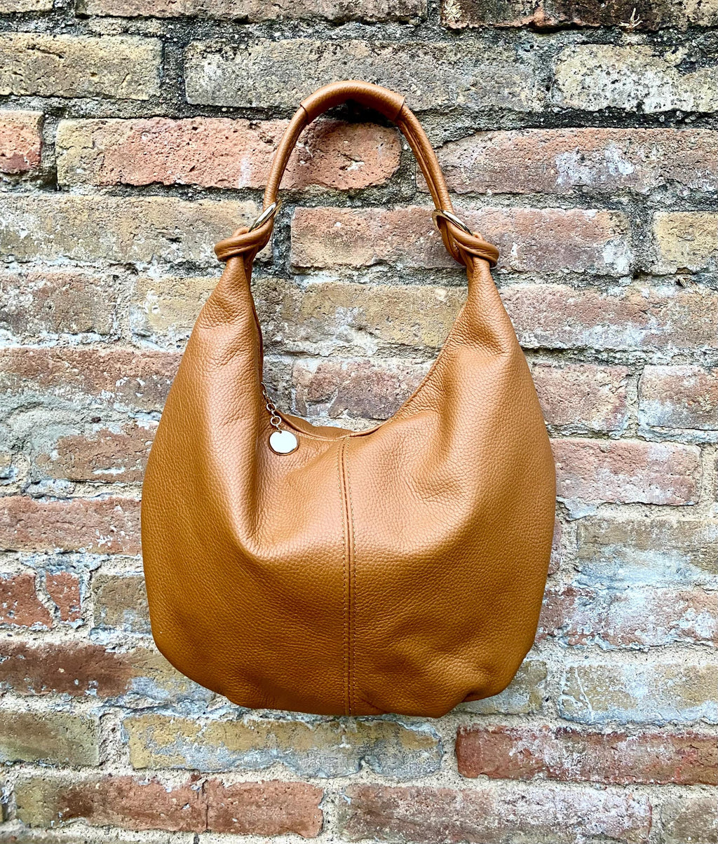 Camel brown leather slouchy bag with ZIPPER + lining. Soft natural genuine leather bag. Light brown leather purse. Brown leather hobo bag
