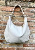 Cream white leather slouchy bag with ZIPPER + lining. Soft natural genuine leather bag. Light beige leather purse. Cream leather hobo bag