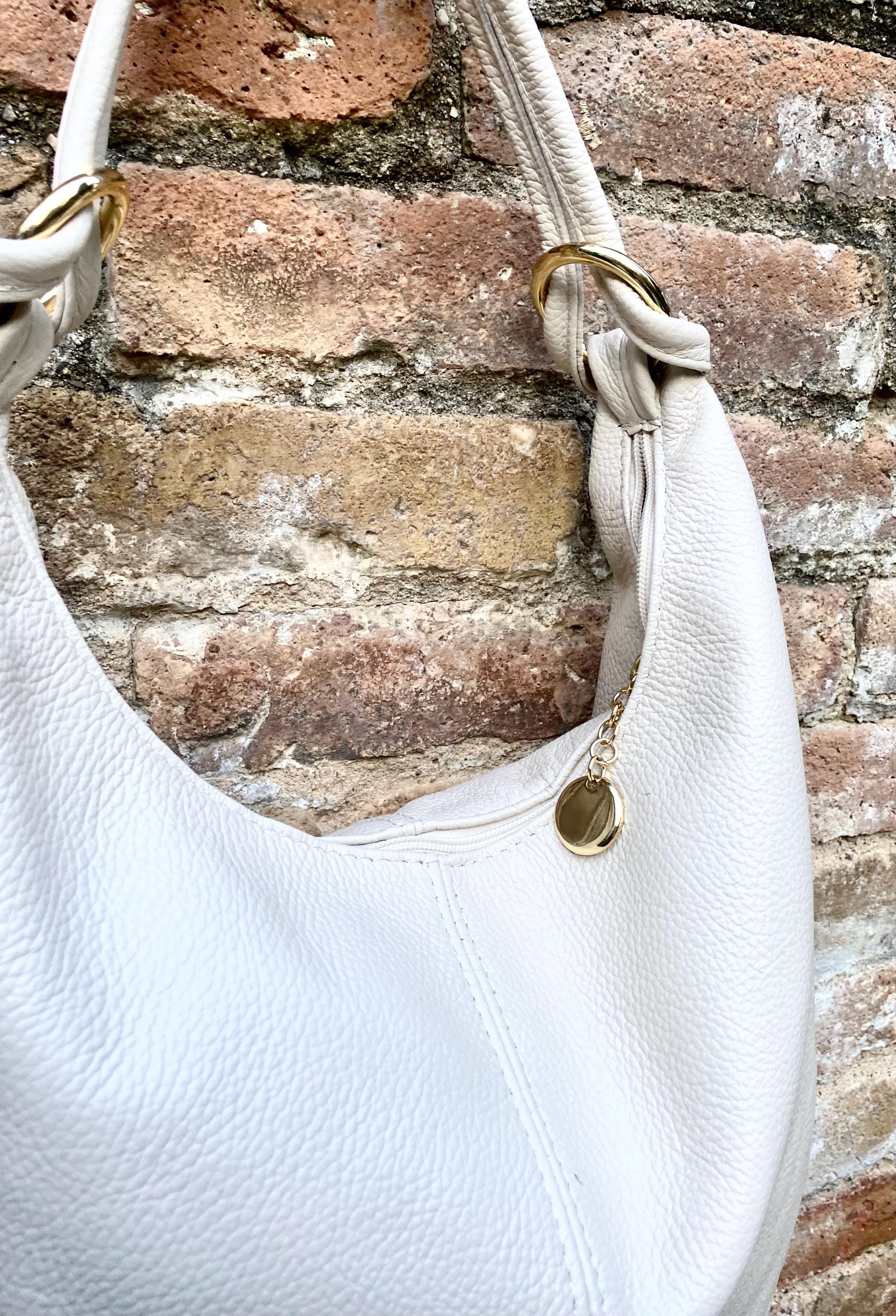 Cream white leather slouchy bag with ZIPPER + lining. Soft natural genuine leather bag. Light beige leather purse. Cream leather hobo bag
