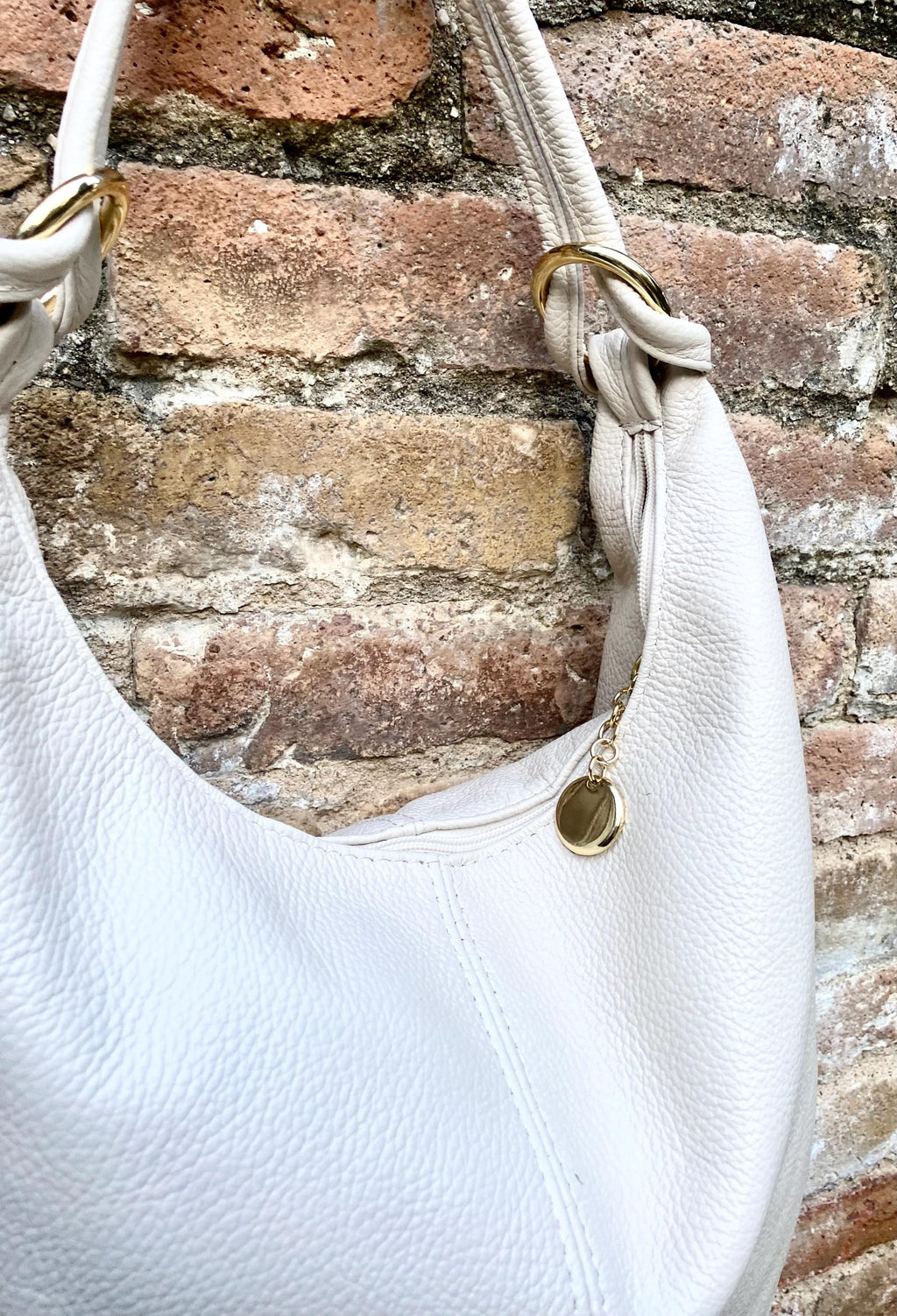 Cream white leather slouchy bag with ZIPPER + lining. Soft natural genuine leather bag. Light beige leather purse. Cream leather hobo bag