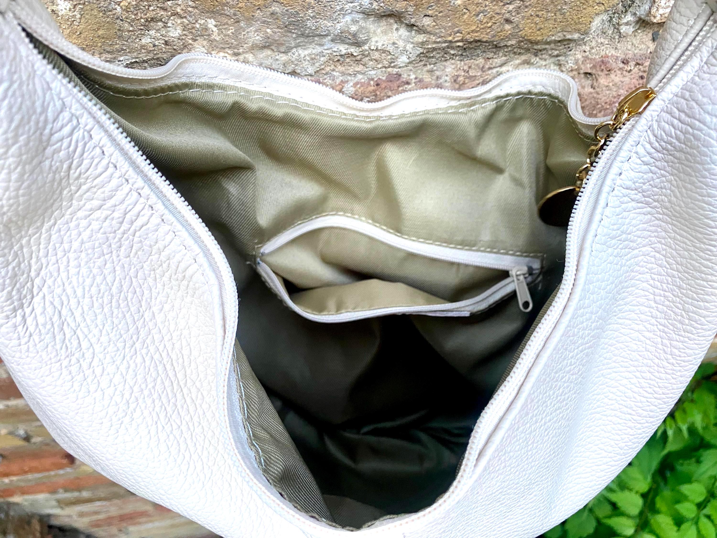 Cream white leather slouchy bag with ZIPPER + lining. Soft natural genuine leather bag. Light beige leather purse. Cream leather hobo bag