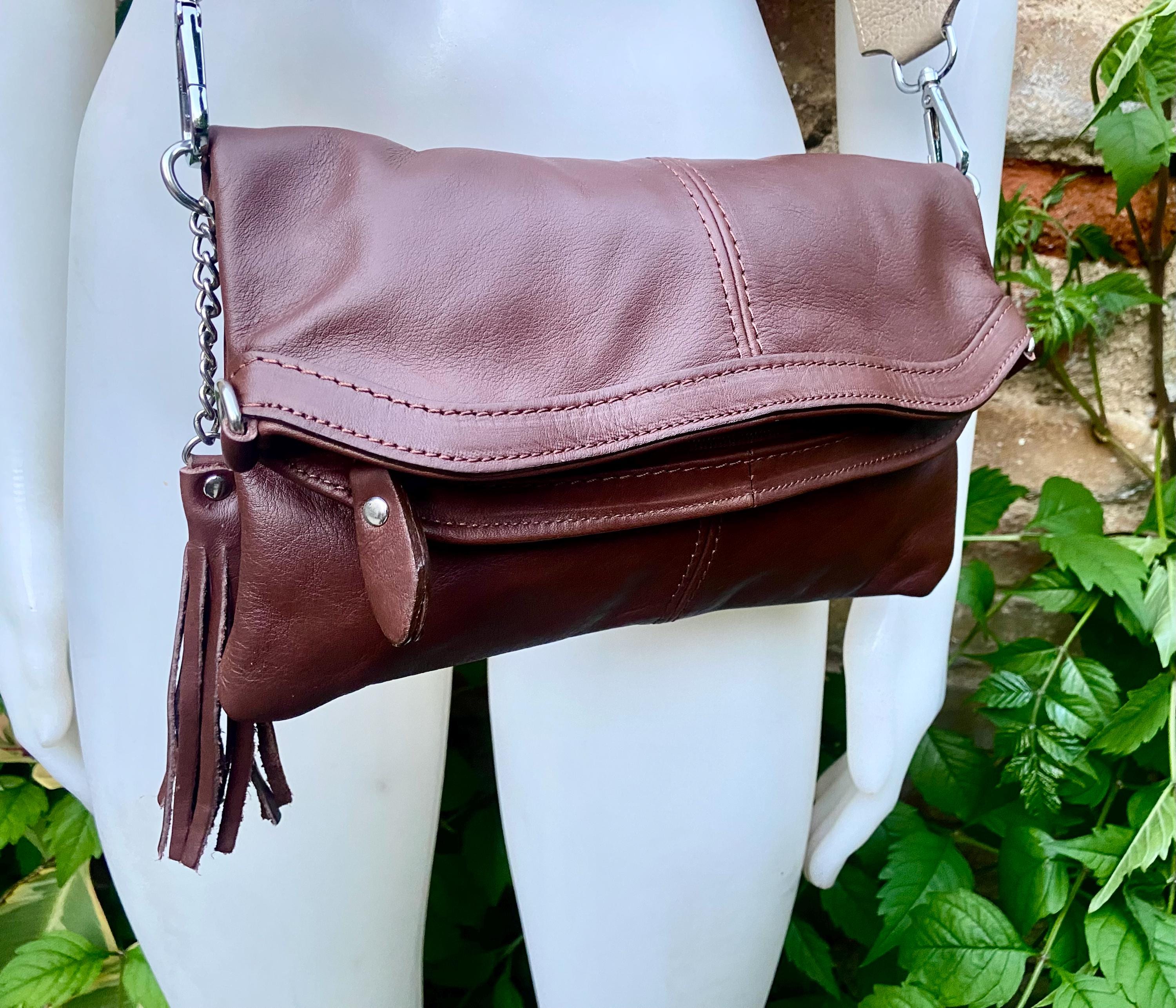 Small leather bag in maroon. Cross body bag, shoulder bag in GENUINE leather. Burgundy - brown bag with adjustable strap, zipper and flap.