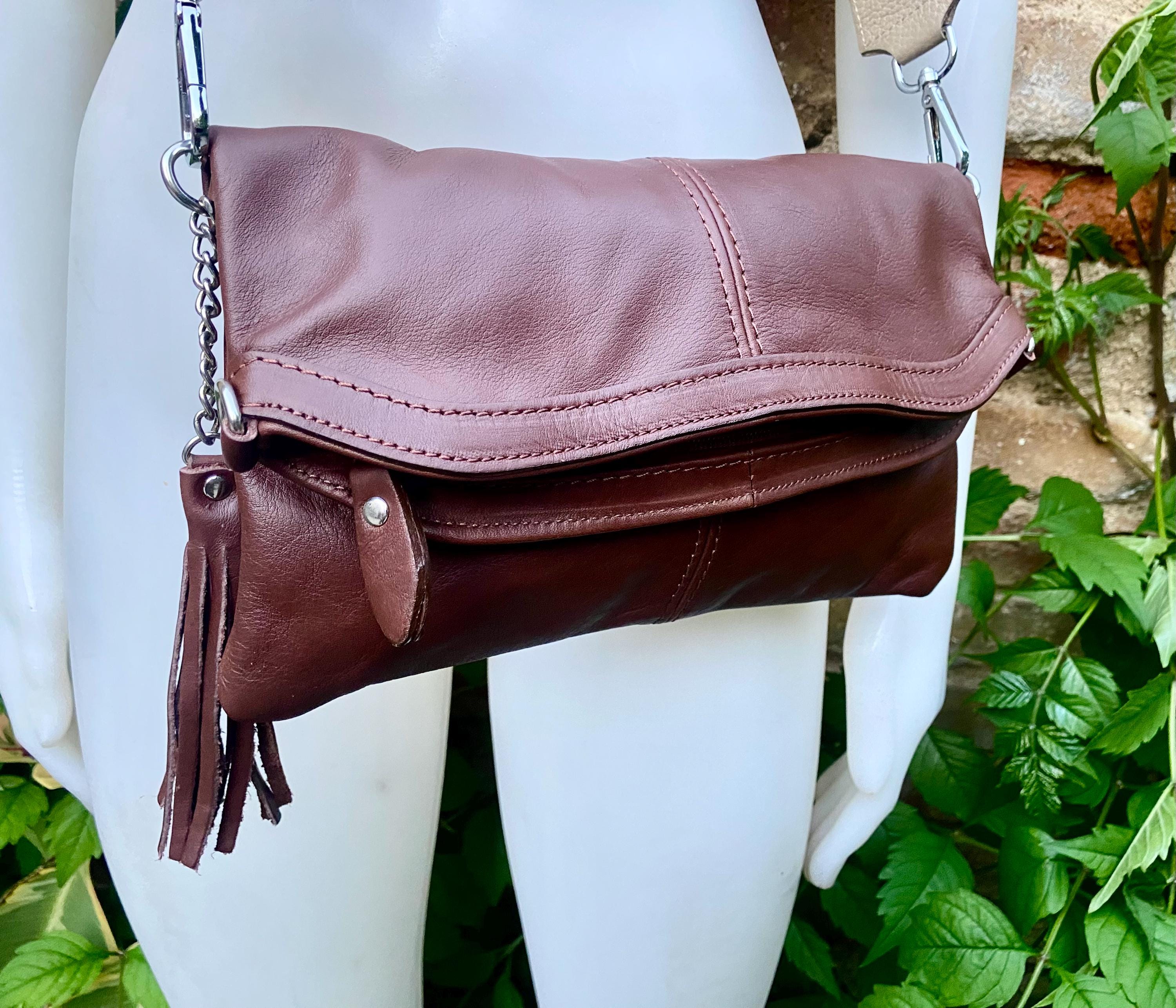 Small leather bag in maroon. Cross body bag, shoulder bag in GENUINE leather. Burgundy - brown bag with adjustable strap, zipper and flap.