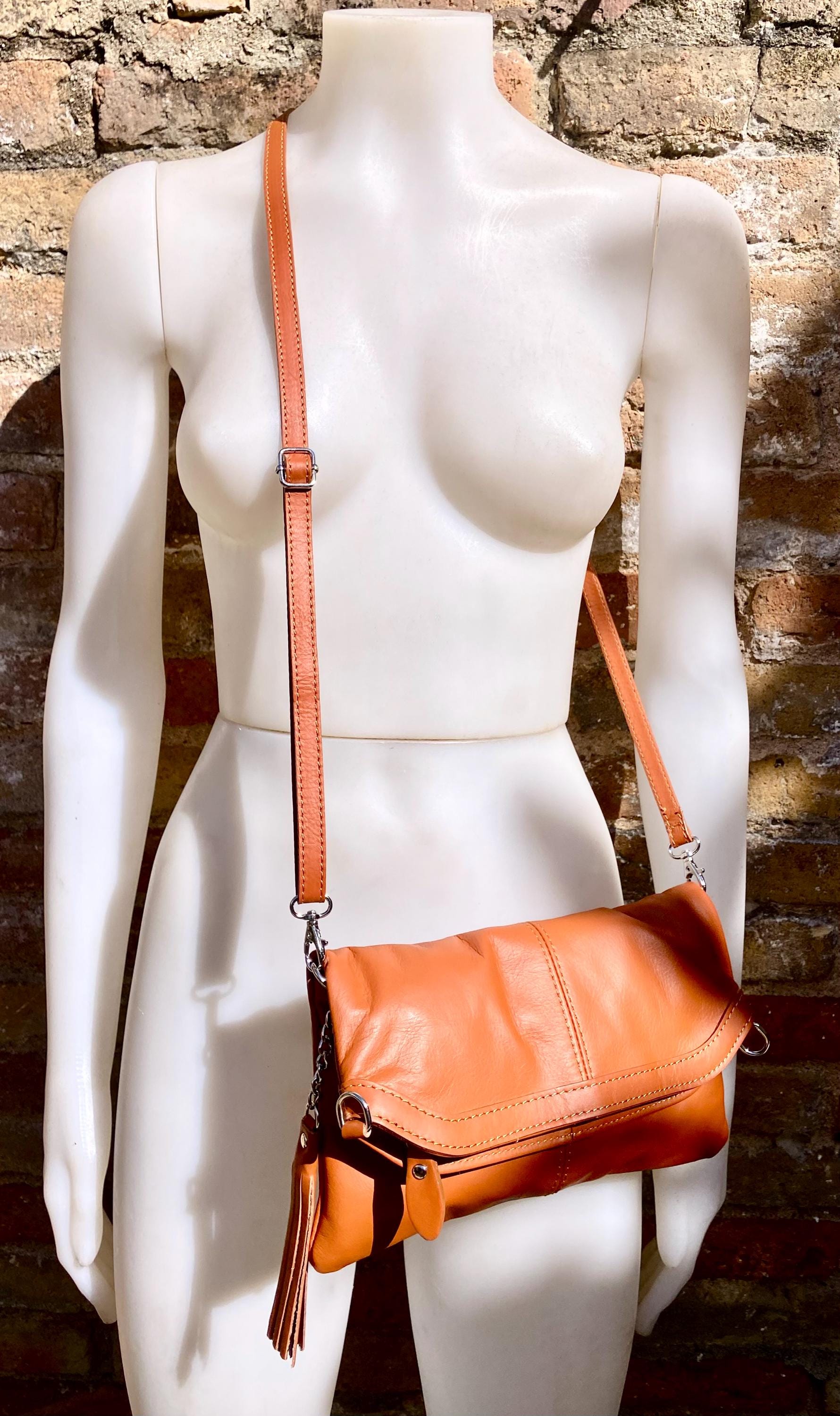 Small leather bag in light camel brown. GENUINE leather crossbody/shoulder bag. Tan brown bag with adjustable strap, zipper and flap.