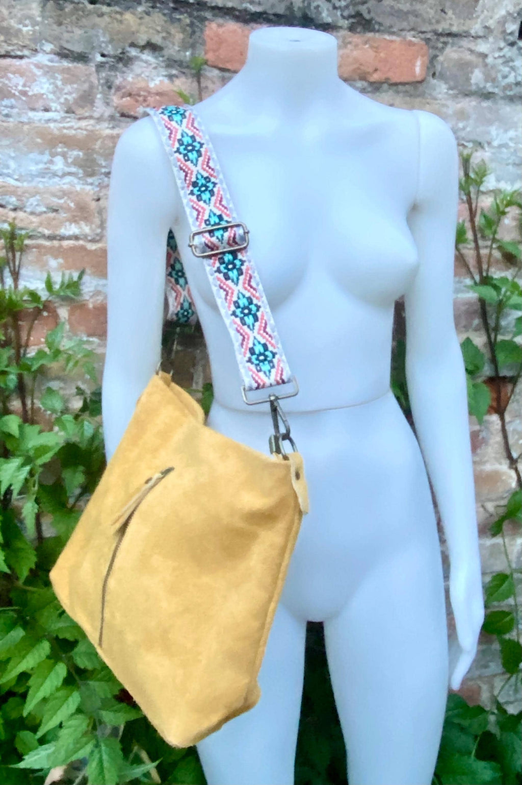 Mustard yellow suede leather bag with embroidered strap. Boho messenger bag. GENUINE LEATHER cross body / shoulder bag. Yellow suede purse