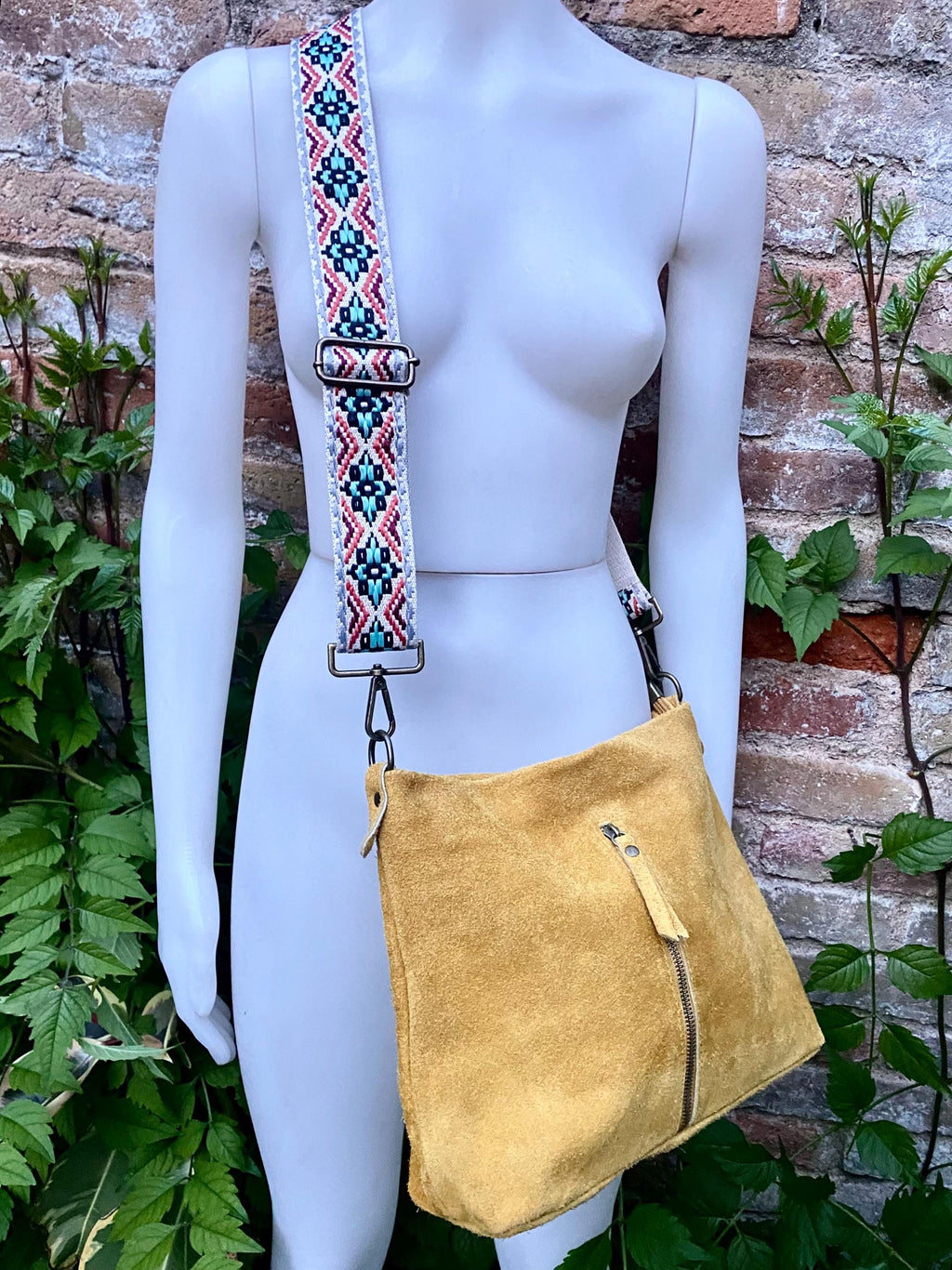 Mustard yellow suede leather bag with embroidered strap. Boho messenger bag. GENUINE LEATHER cross body / shoulder bag. Yellow suede purse
