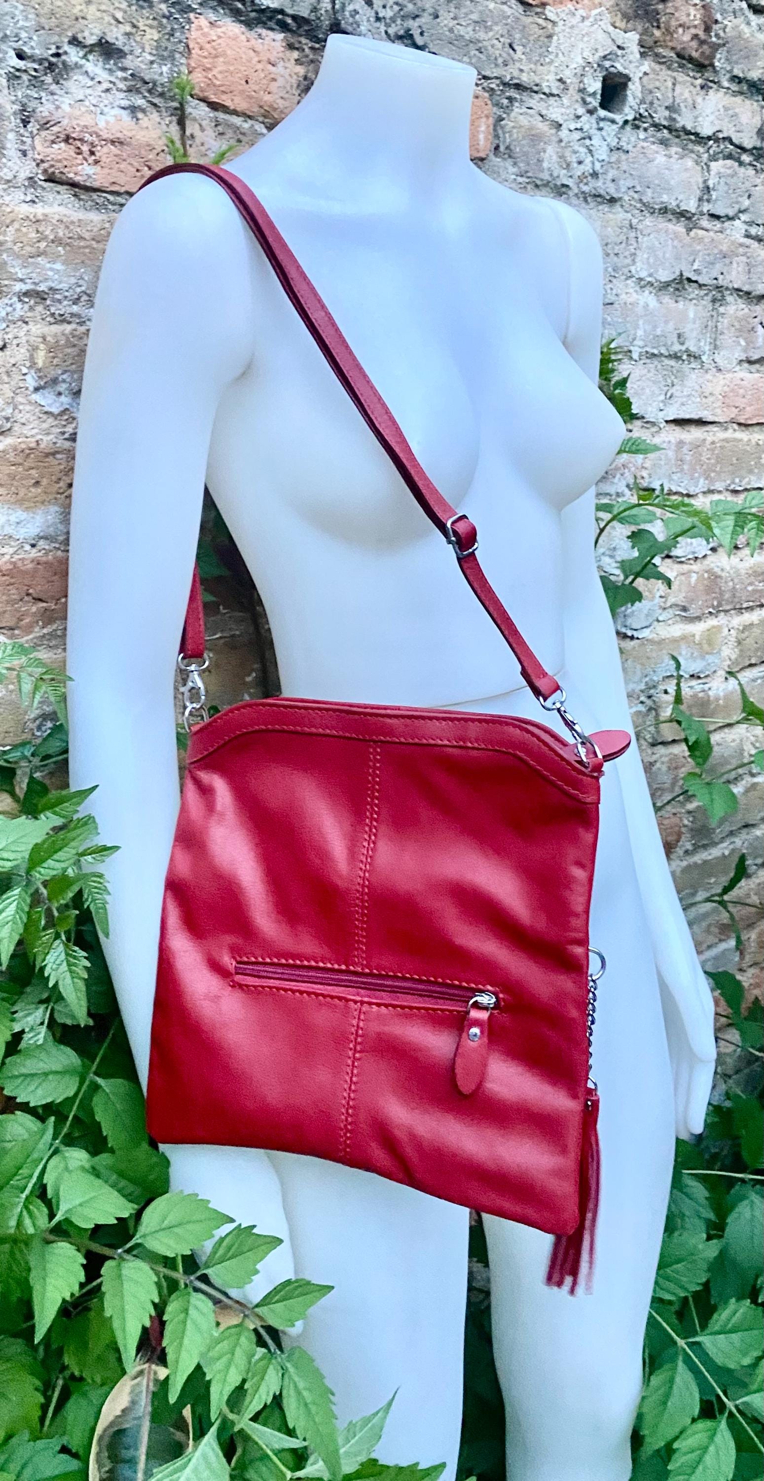 Small leather bag in RED. GENUINE leather cross body / shoulder bag in red with adjustable strap, zipper and flap.