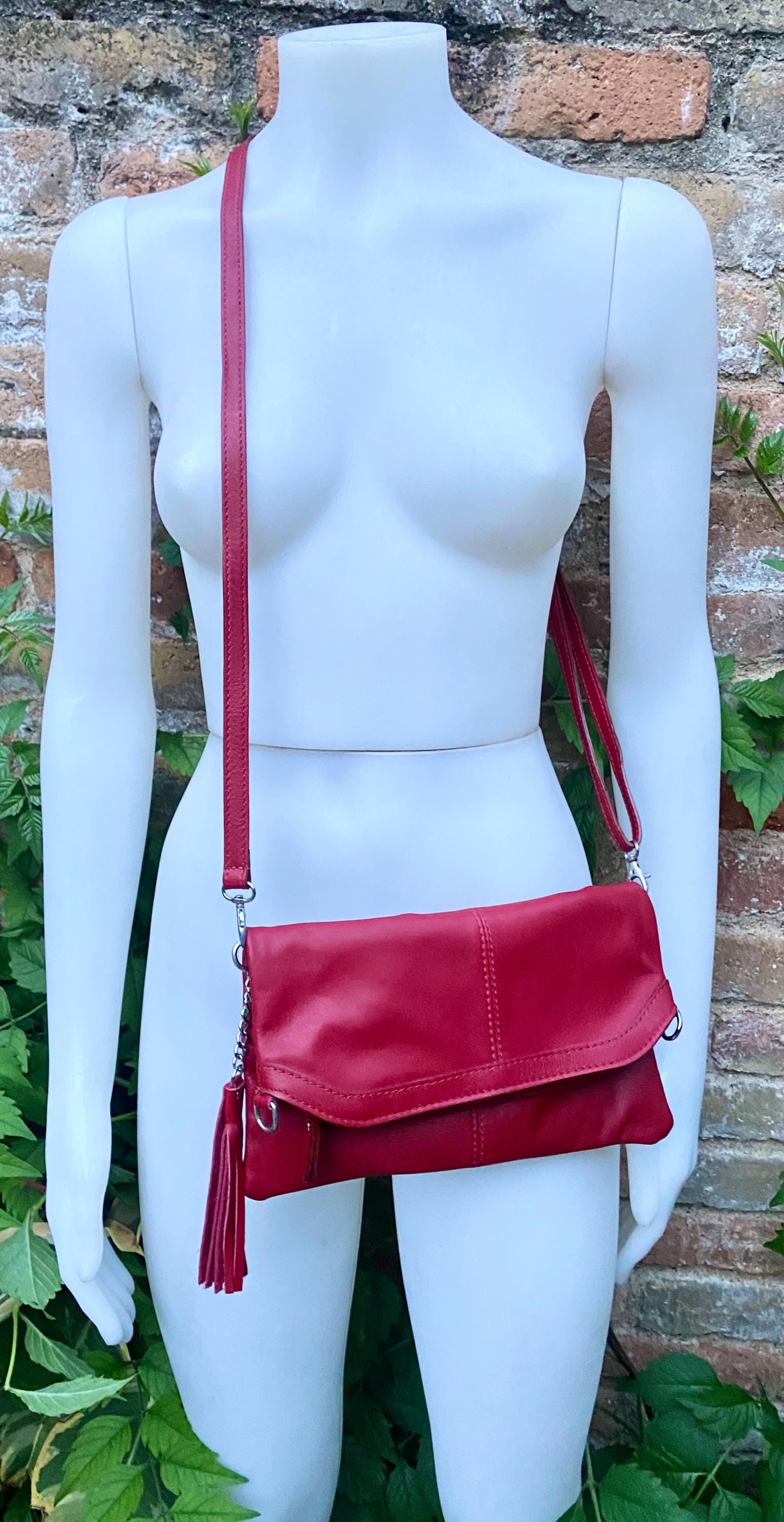 Small leather bag in RED. GENUINE leather cross body / shoulder bag in red with adjustable strap, zipper and flap.