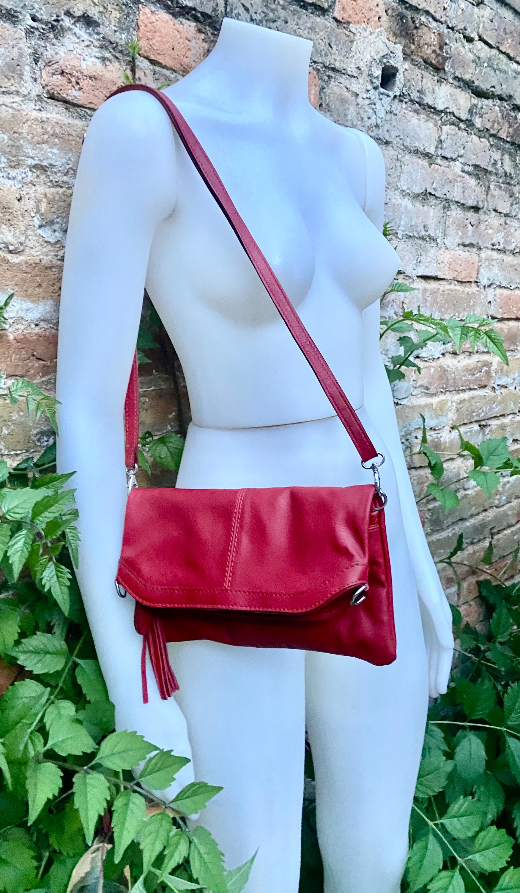 Small leather bag in RED. GENUINE leather cross body / shoulder bag in red with adjustable strap, zipper and flap.
