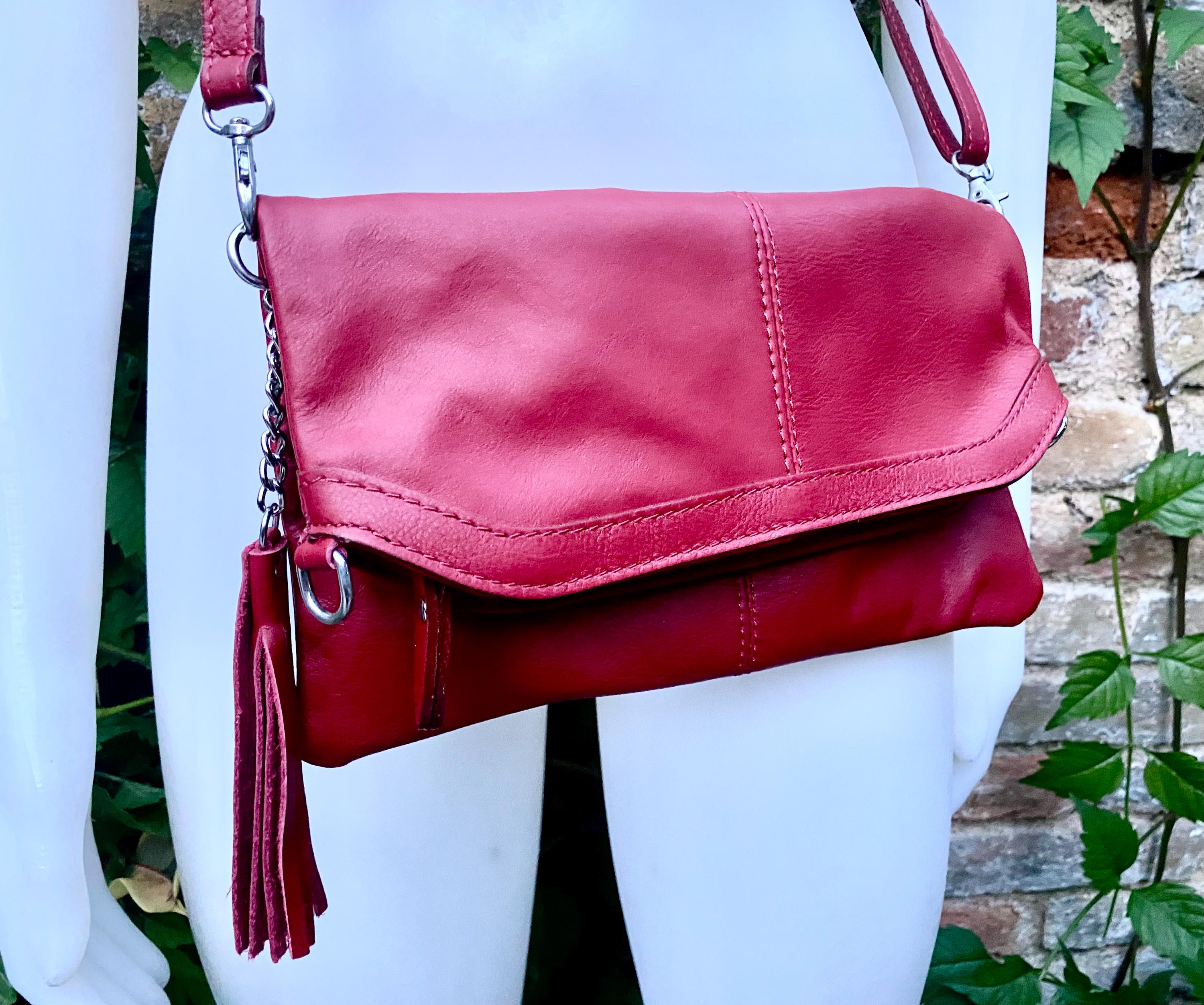 Small leather bag in RED. GENUINE leather cross body / shoulder bag in red with adjustable strap, zipper and flap.