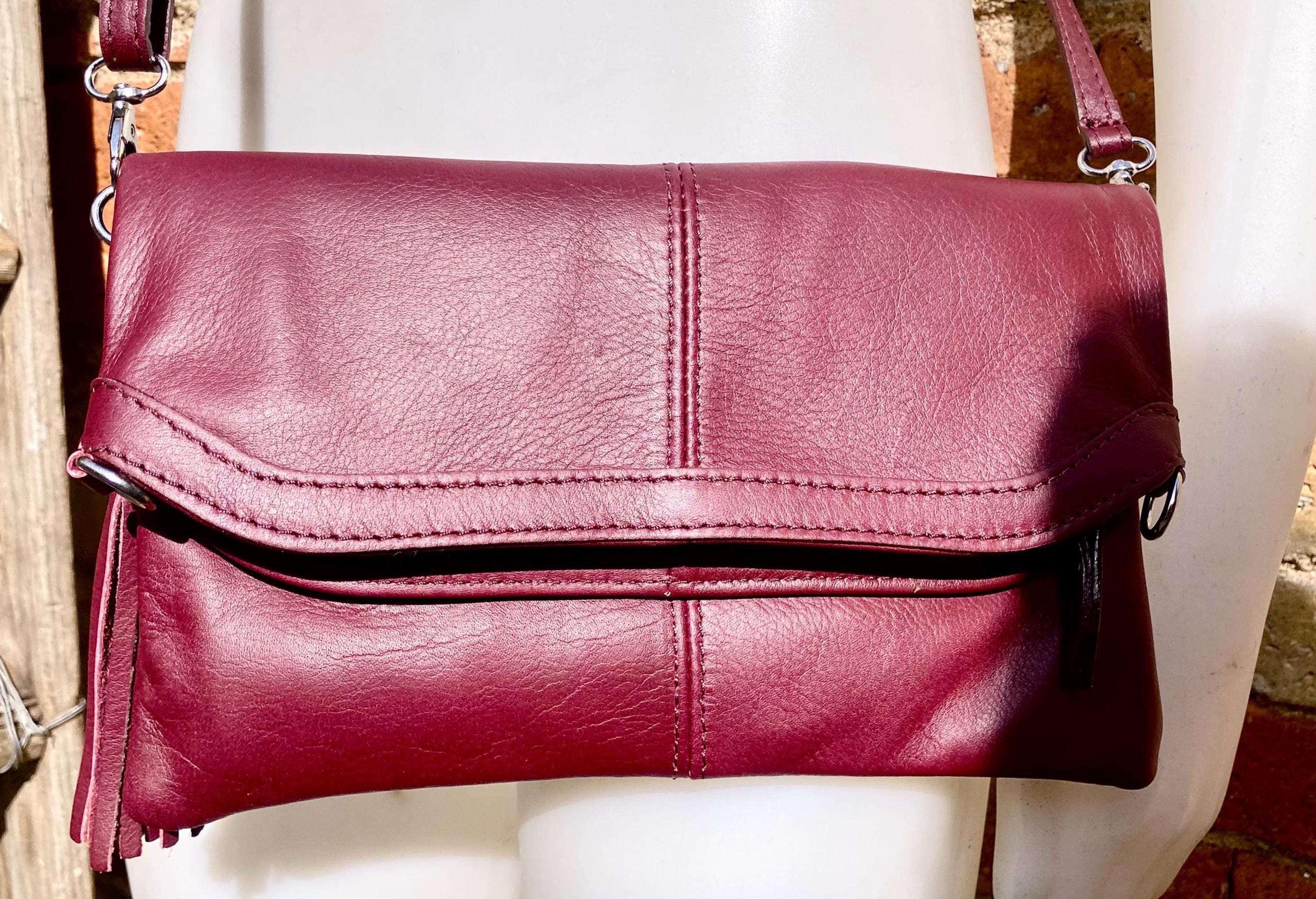 Small leather bag in burgundy. GENUINE leather cross body / shoulder bag in wine red with adjustable strap, zipper and flap.