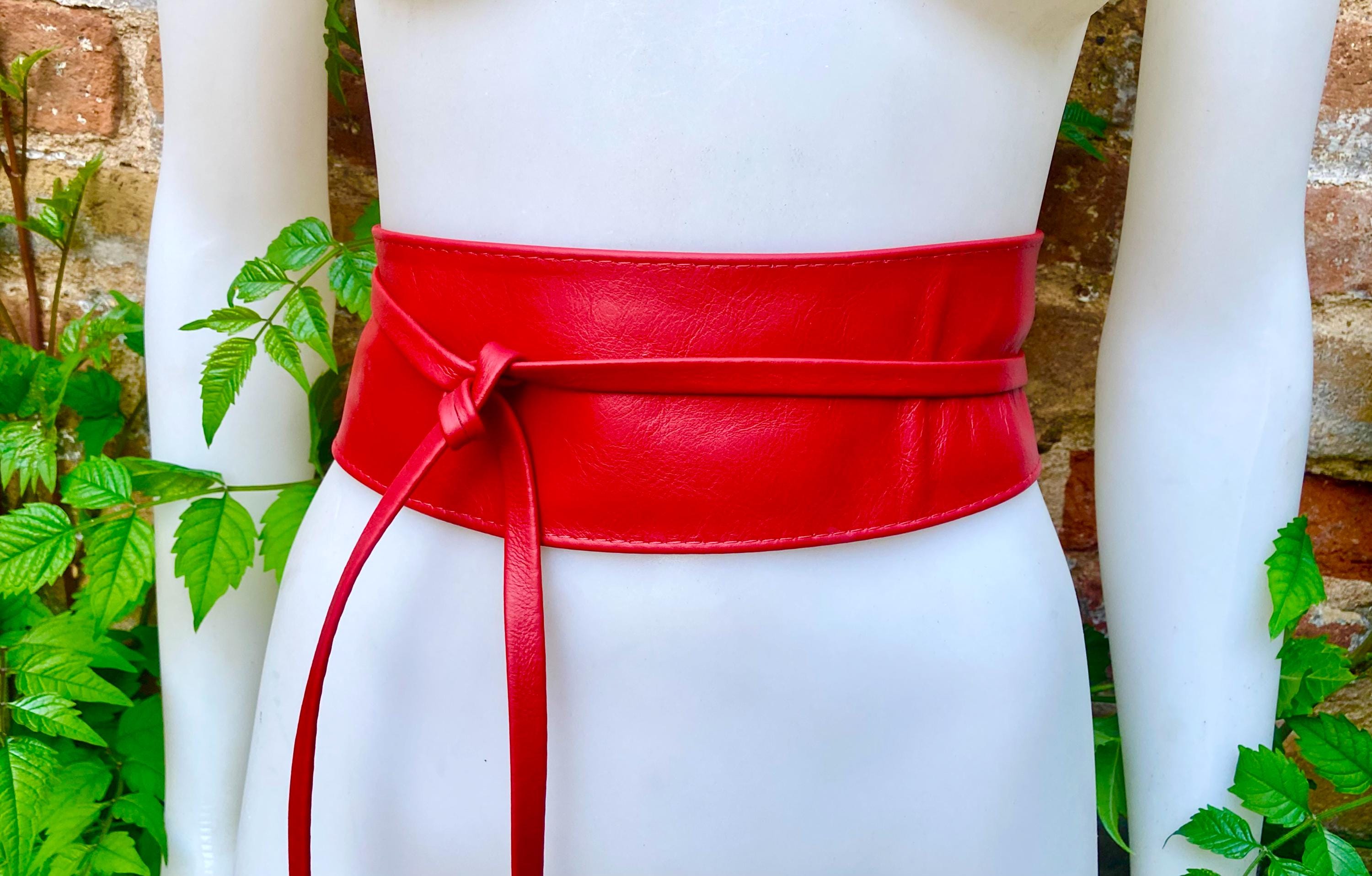 Red wrap belt in soft leather. LONGER option. Waist, dress or wraparound belt in genuine leather. Boho obi red belt.