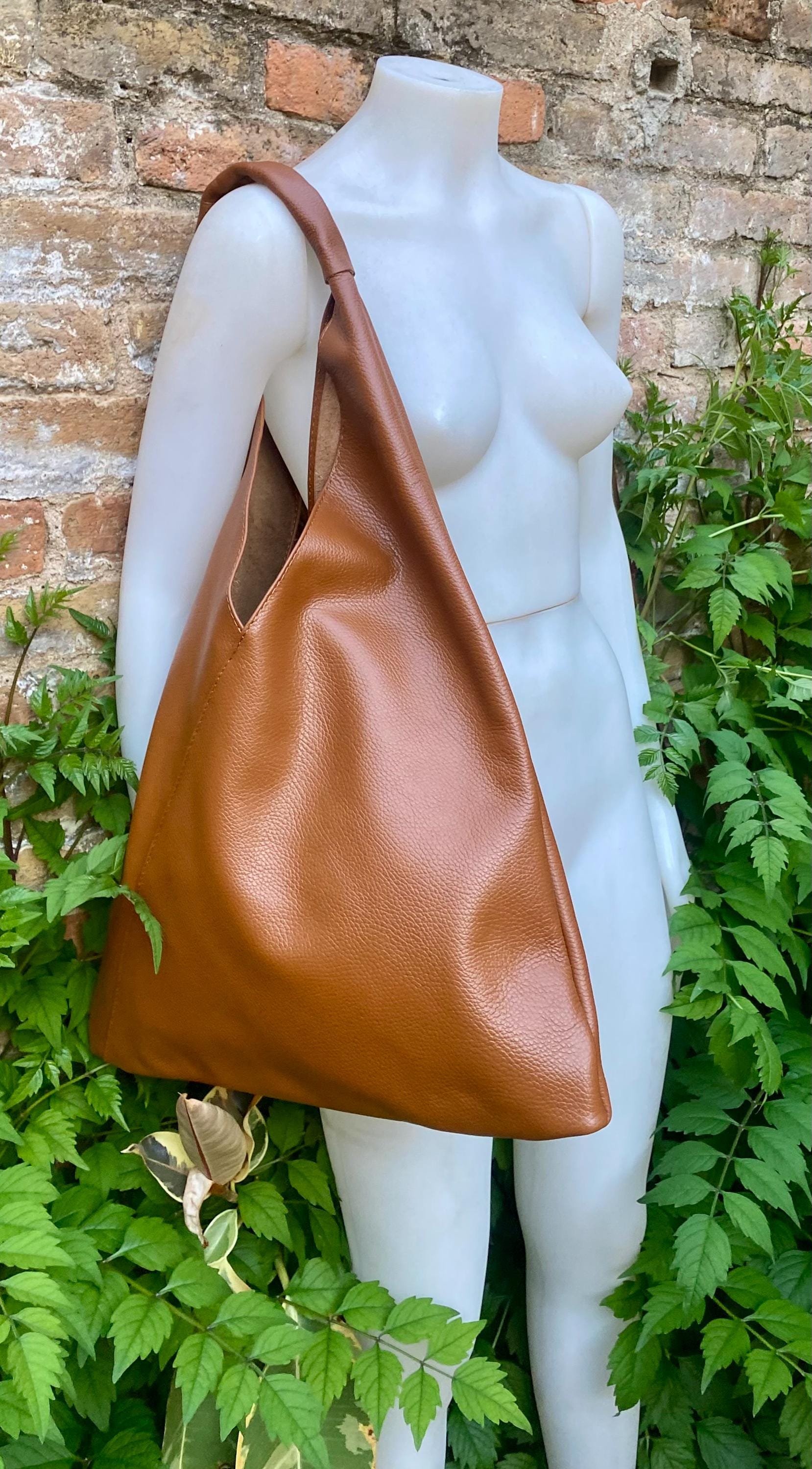 Slouch leather bag in camel brown. Large shoulder leather bag. Origami boho bag. Large brown GENUINE leather purse. Brown shopper bag