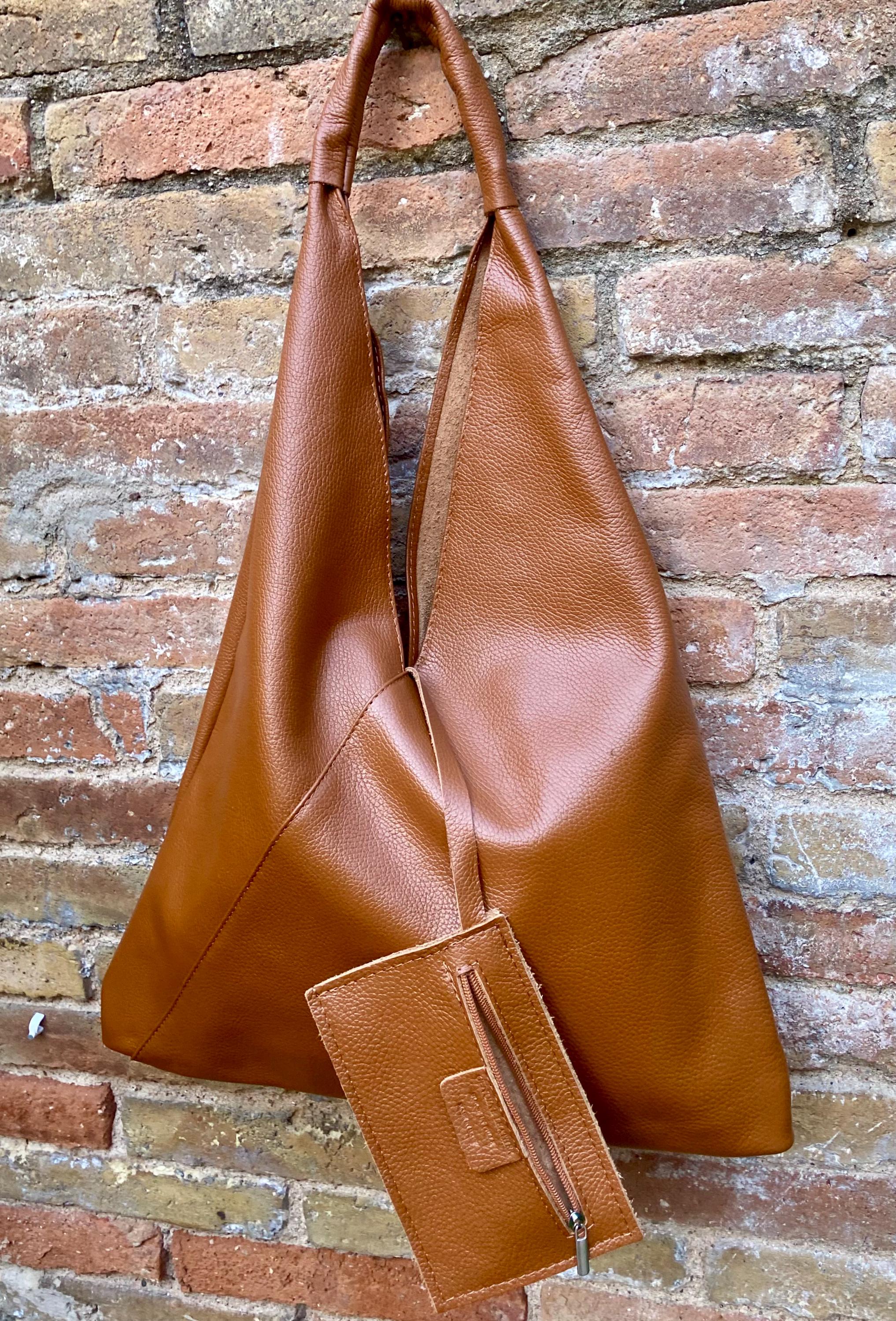 Slouch leather bag in camel brown. Large shoulder leather bag. Origami boho bag. Large brown GENUINE leather purse. Brown shopper bag