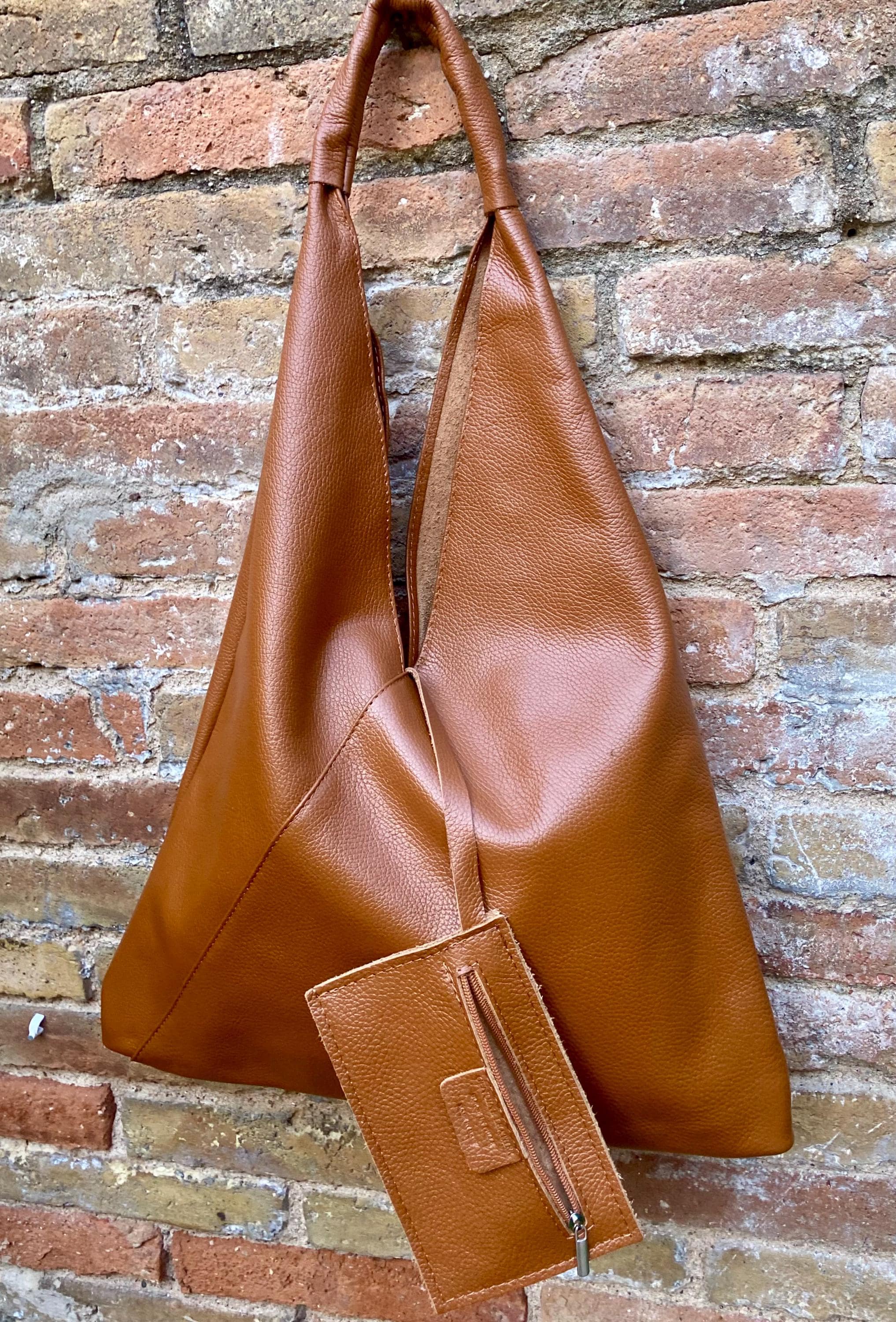 Slouch leather bag in camel brown. Large shoulder leather bag. Origami boho bag. Large brown GENUINE leather purse. Brown shopper bag