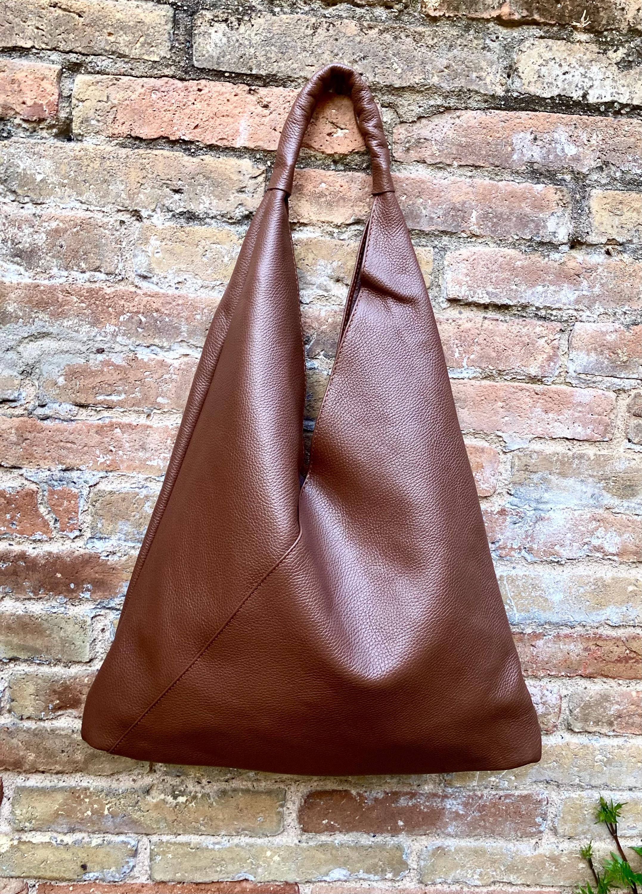 Slouch leather bag in dark brown. Large shoulder leather bag. Origami boho bag. Large brown GENUINE leather purse. Rusty brown shopper bag