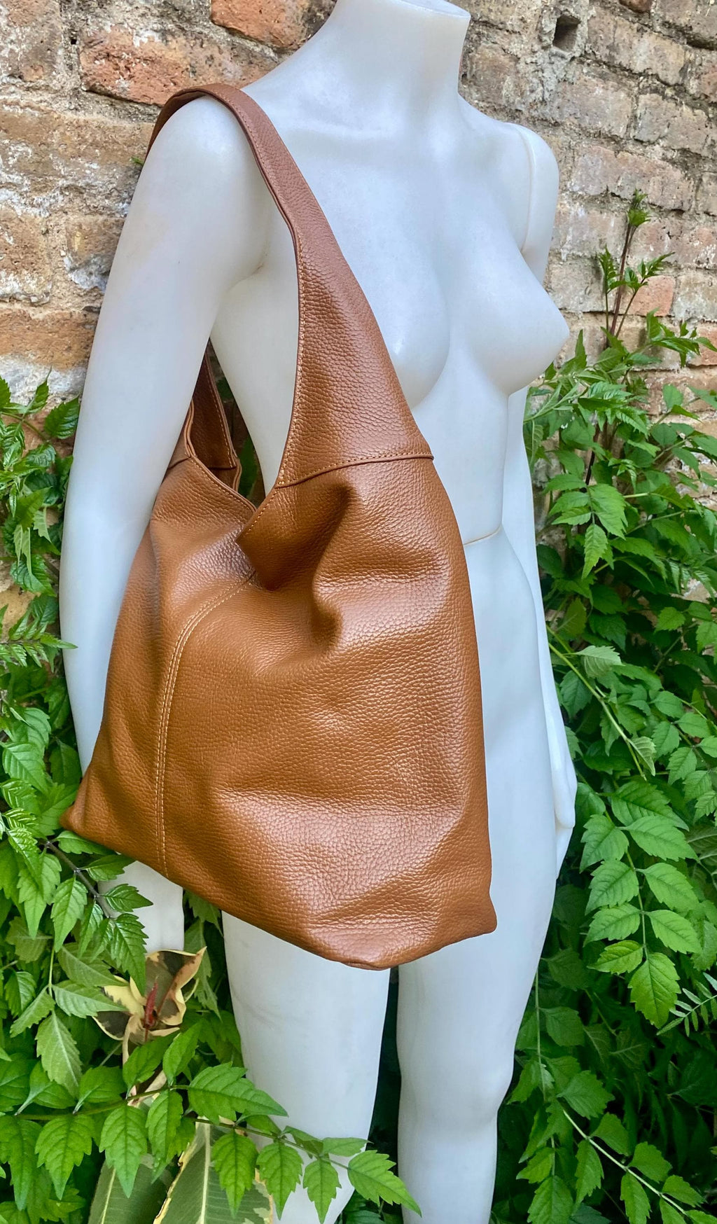 Camel brown slouch leather bag . Lined shoulder leather bag with wide strap and zipper. Large brown GENUINE leather purse. Brown shopper bag
