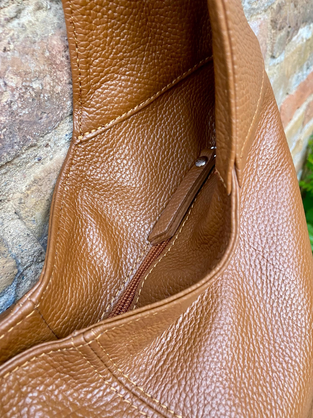 Camel brown slouch leather bag . Lined shoulder leather bag with wide strap and zipper. Large brown GENUINE leather purse. Brown shopper bag
