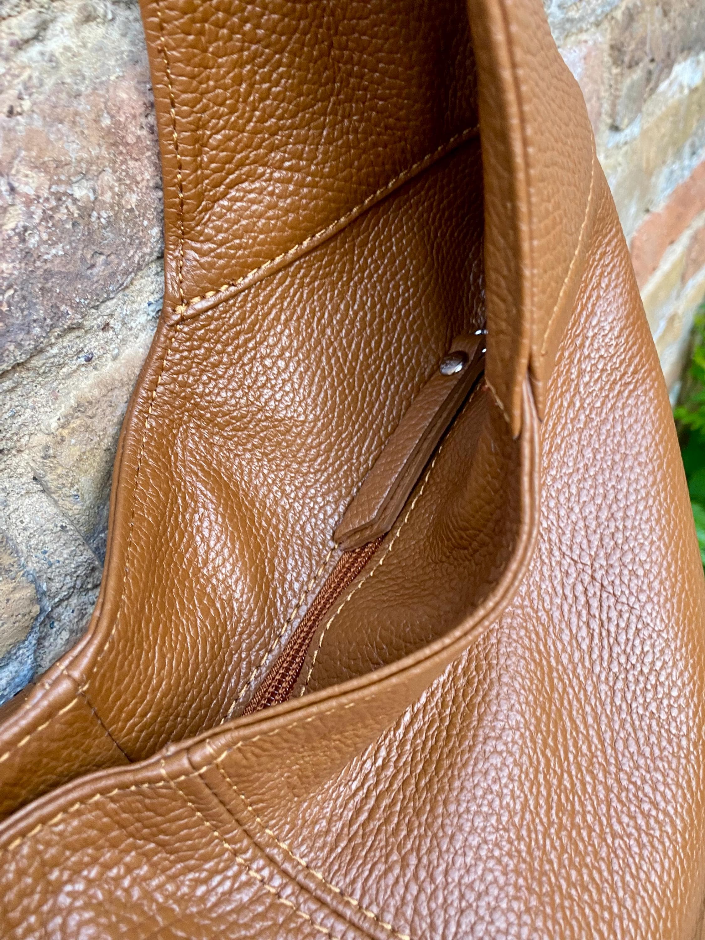 Camel brown slouch leather bag . Lined shoulder leather bag with wide strap and zipper. Large brown GENUINE leather purse. Brown shopper bag