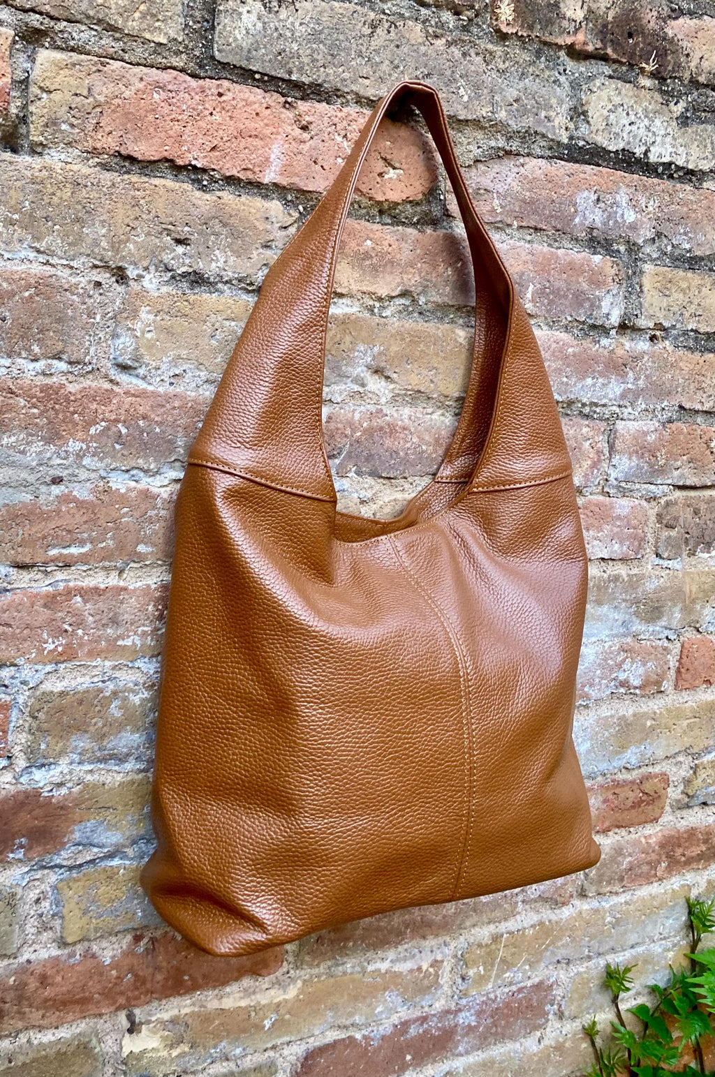 Camel brown slouch leather bag . Lined shoulder leather bag with wide strap and zipper. Large brown GENUINE leather purse. Brown shopper bag