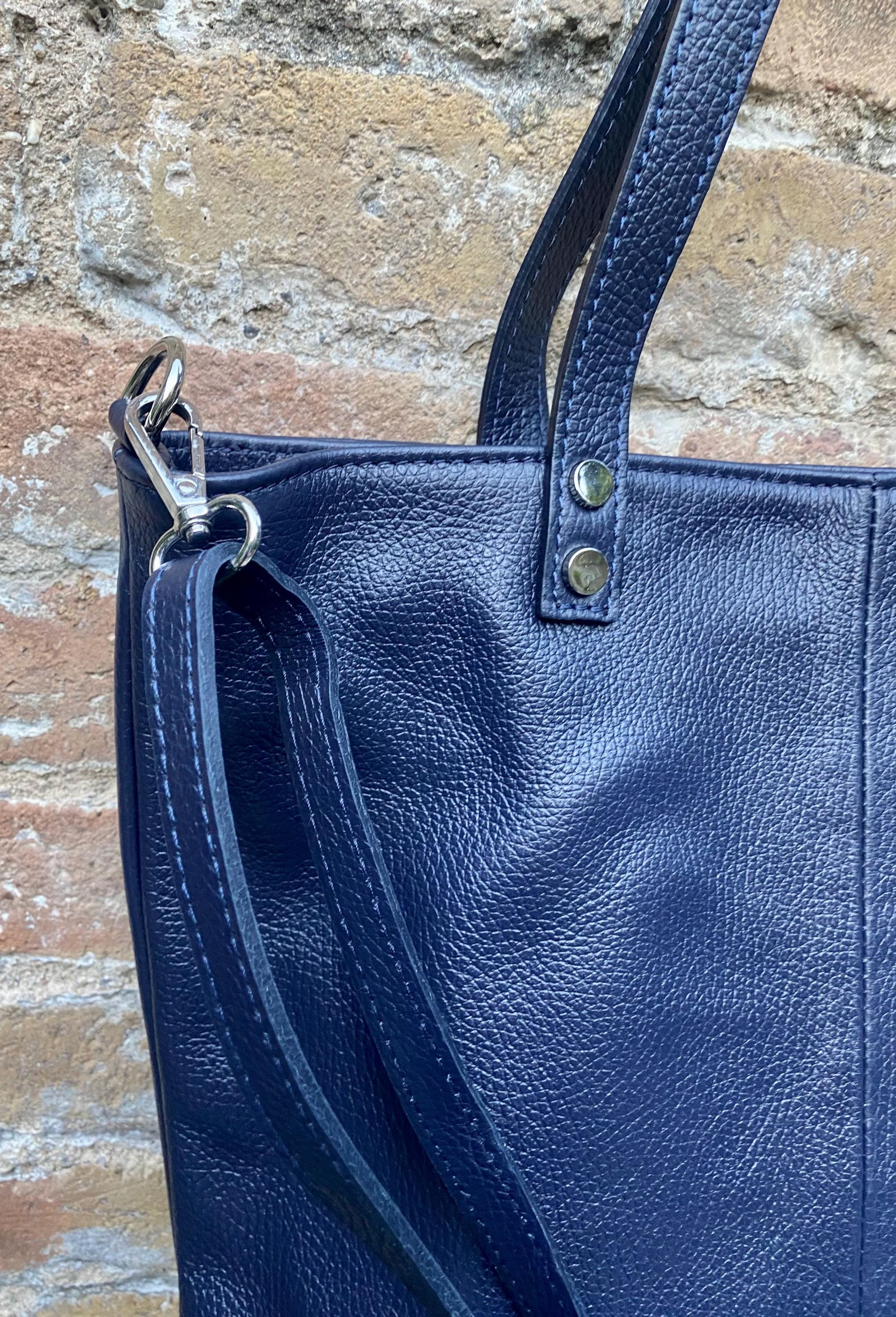 Navy blue leather shoulder / crossbody bag. Genuine leather NAVY tote. Laptop, tablet or book bag with lining and zipper.