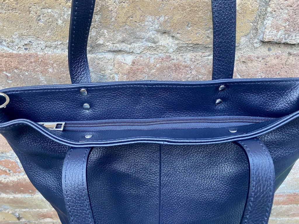 Navy blue leather shoulder / crossbody bag. Genuine leather NAVY tote. Laptop, tablet or book bag with lining and zipper.
