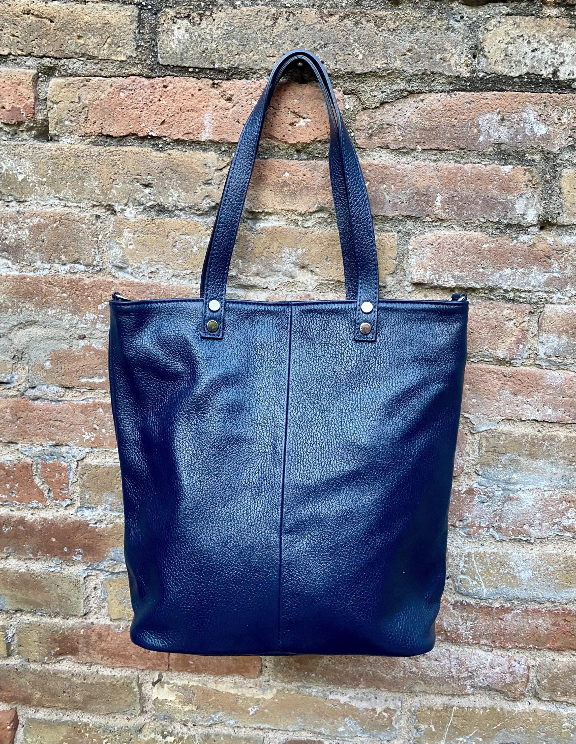 Navy blue leather shoulder / crossbody bag. Genuine leather NAVY tote. Laptop, tablet or book bag with lining and zipper.