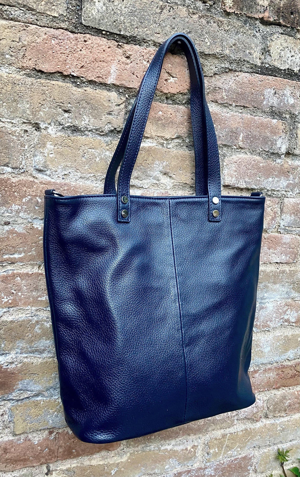 Navy blue leather shoulder / crossbody bag. Genuine leather NAVY tote. Laptop, tablet or book bag with lining and zipper.