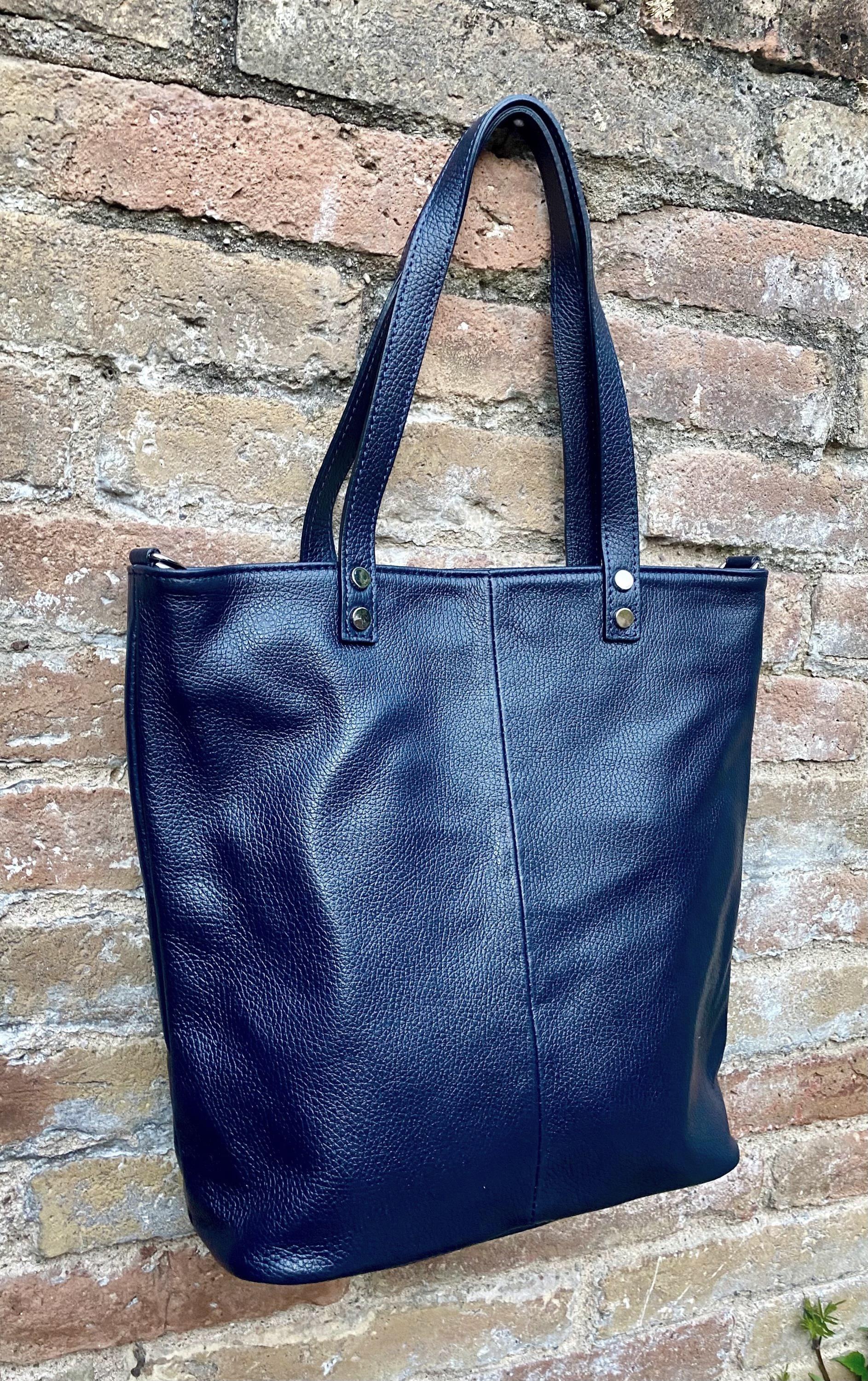 Navy blue leather shoulder / crossbody bag. Genuine leather NAVY tote. Laptop, tablet or book bag with lining and zipper.