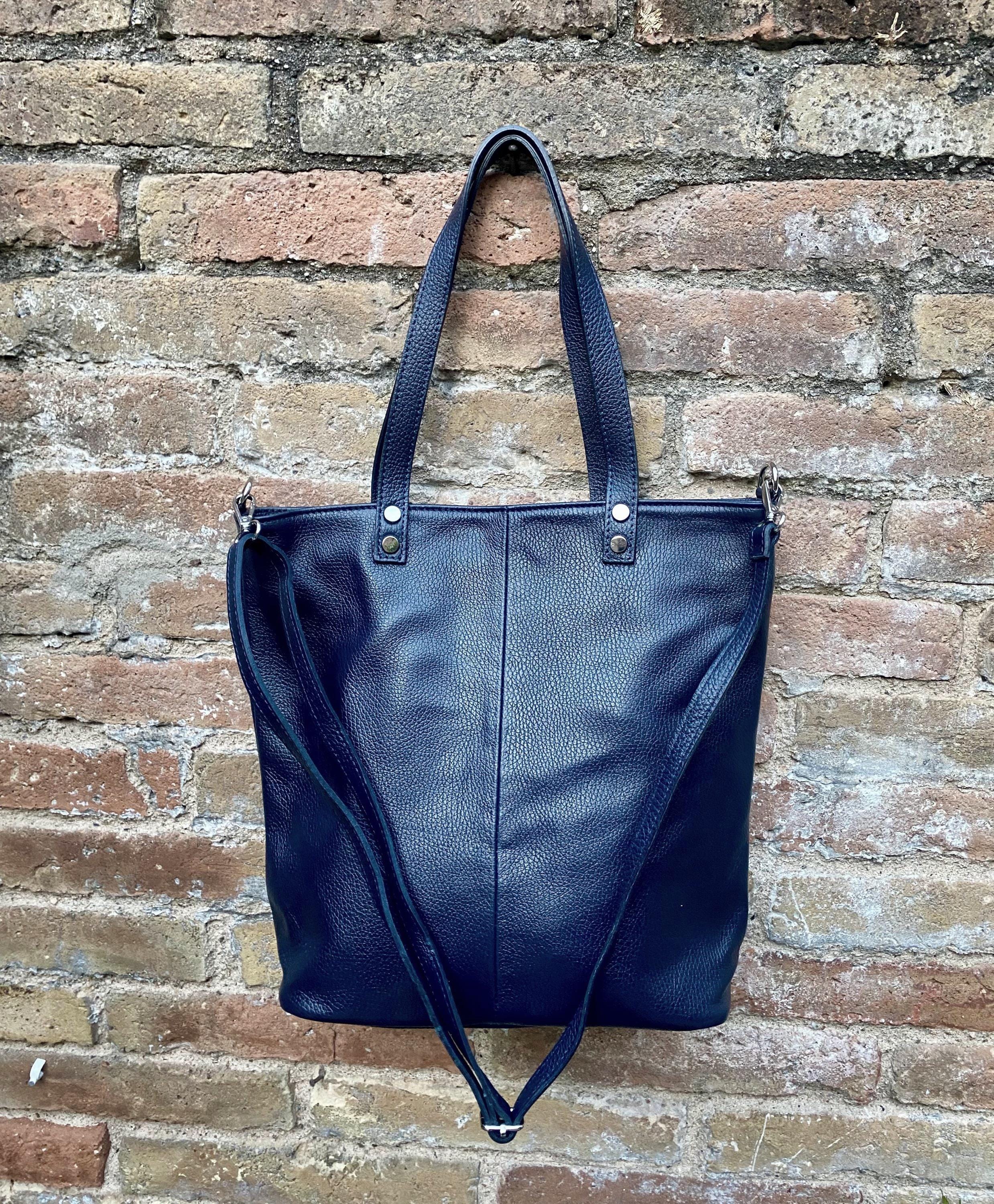 Navy blue leather shoulder / crossbody bag. Genuine leather NAVY tote. Laptop, tablet or book bag with lining and zipper.