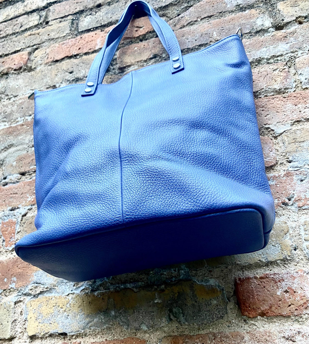 Purple - blue leather shoulder / crossbody bag. Genuine leather periwinkle color tote. Laptop, tablet or book bag with lining and zipper.