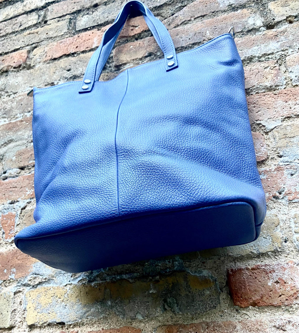 Purple - blue leather shoulder / crossbody bag. Genuine leather periwinkle color tote. Laptop, tablet or book bag with lining and zipper.