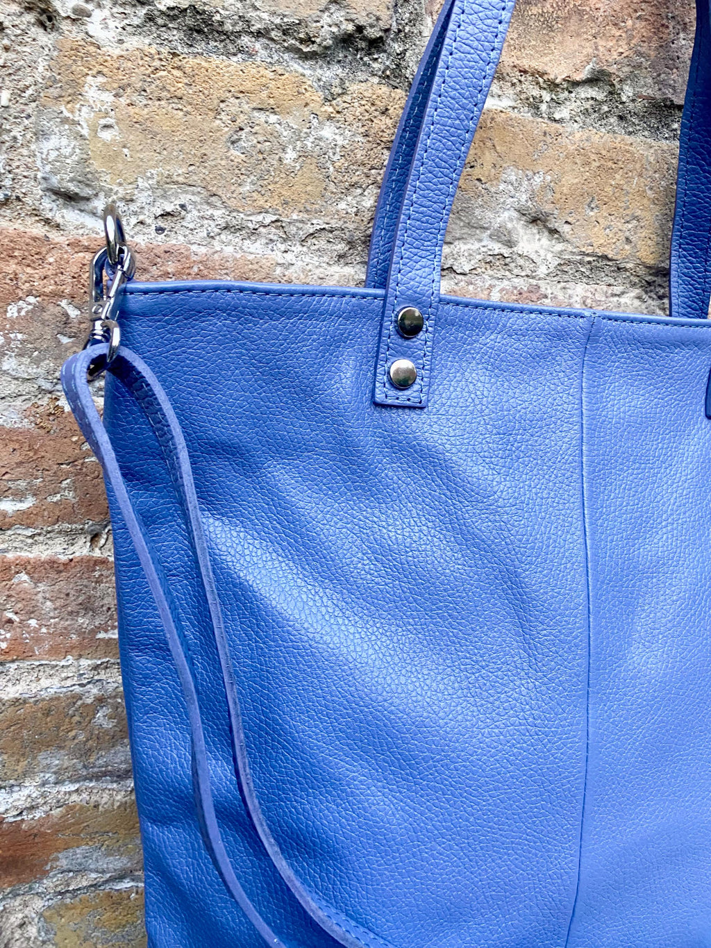 Purple - blue leather shoulder / crossbody bag. Genuine leather periwinkle color tote. Laptop, tablet or book bag with lining and zipper.