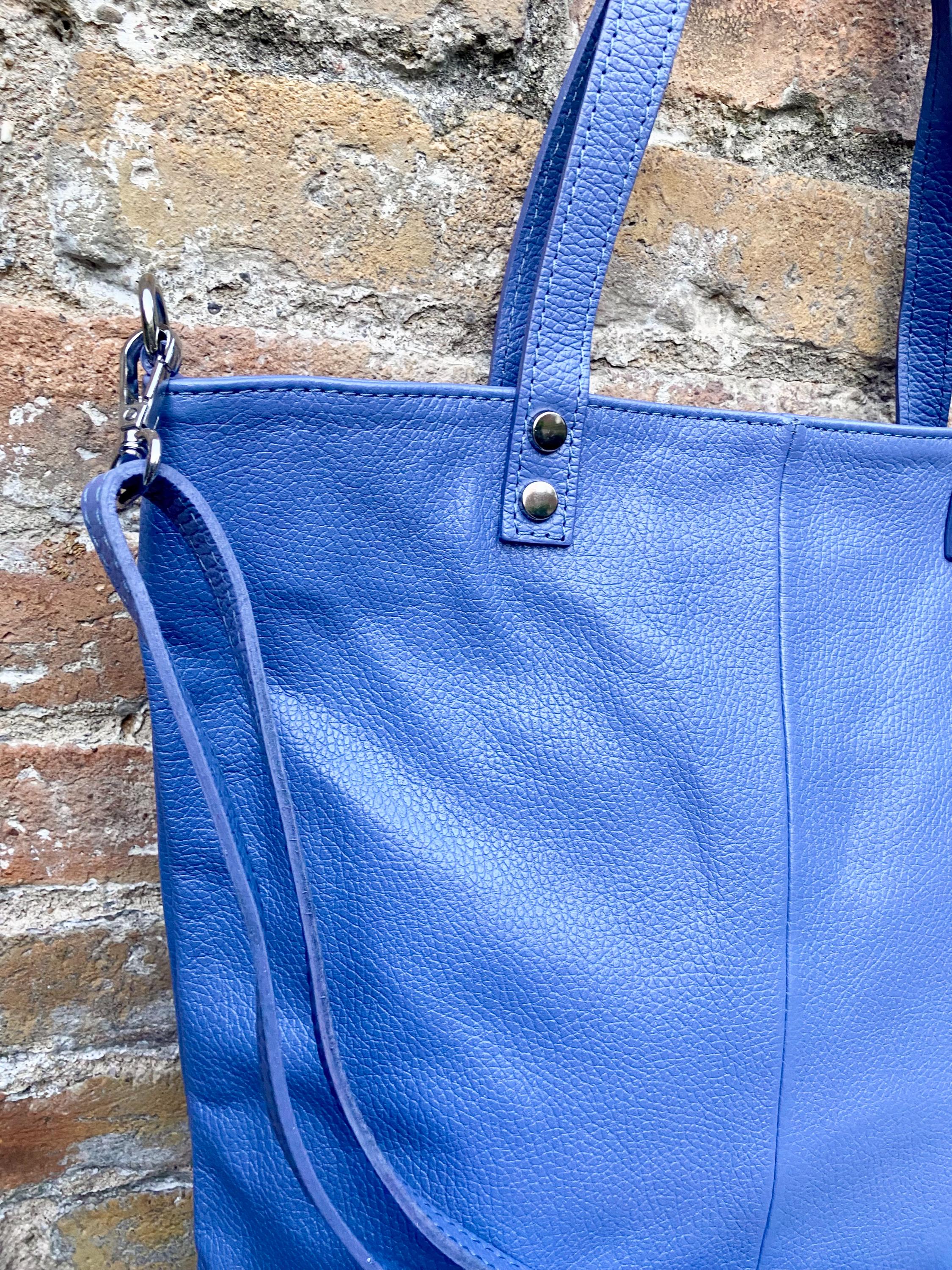 Purple - blue leather shoulder / crossbody bag. Genuine leather periwinkle color tote. Laptop, tablet or book bag with lining and zipper.