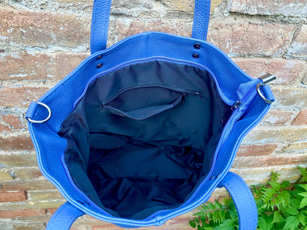Purple - blue leather shoulder / crossbody bag. Genuine leather periwinkle color tote. Laptop, tablet or book bag with lining and zipper.