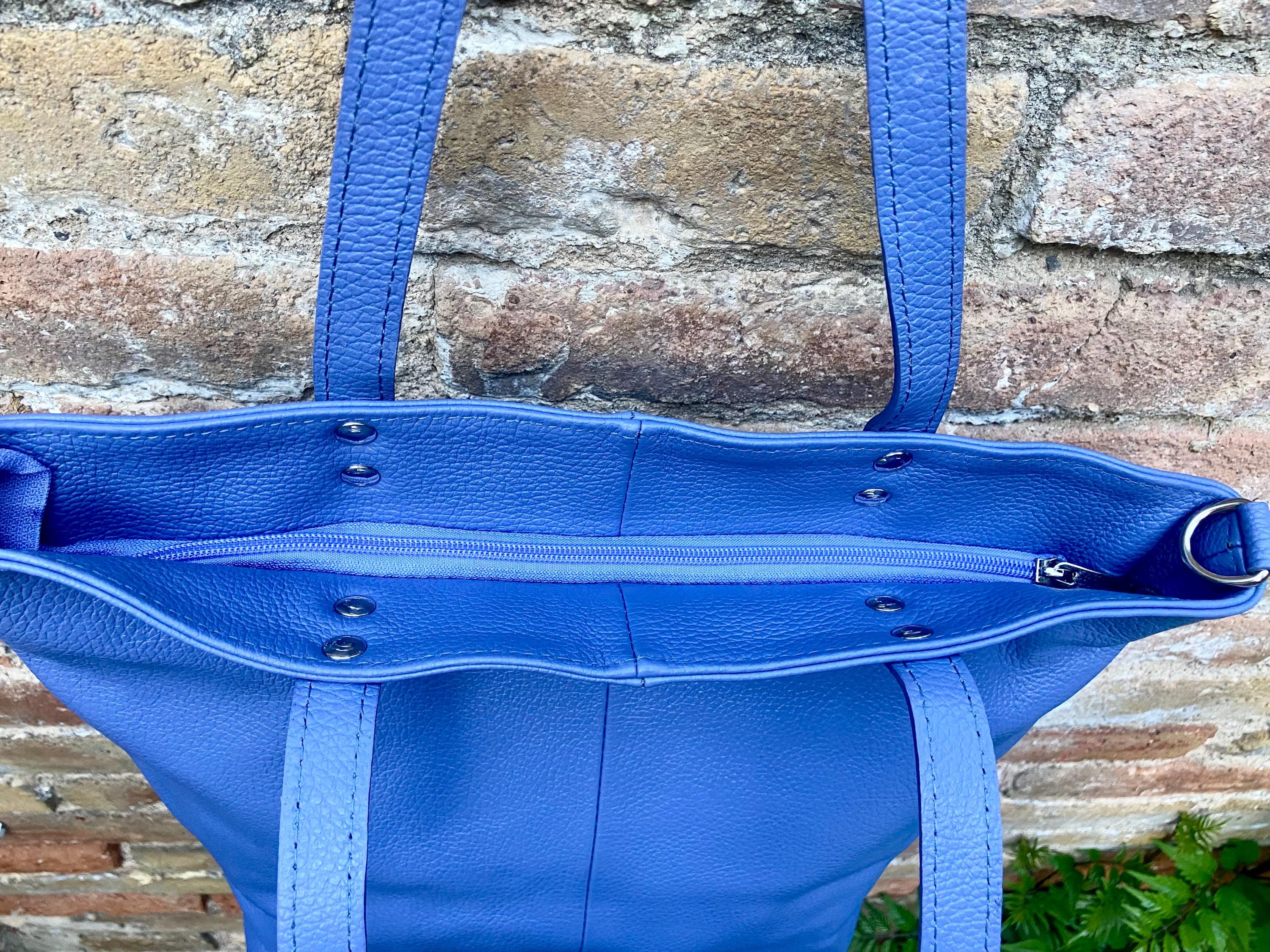 Purple - blue leather shoulder / crossbody bag. Genuine leather periwinkle color tote. Laptop, tablet or book bag with lining and zipper.