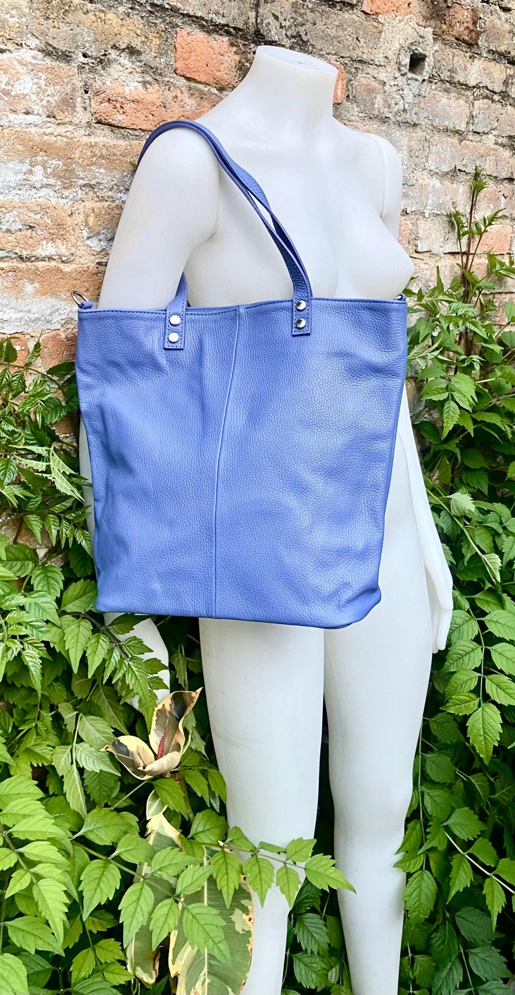 Purple - blue leather shoulder / crossbody bag. Genuine leather periwinkle color tote. Laptop, tablet or book bag with lining and zipper.