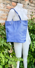 Purple - blue leather shoulder / crossbody bag. Genuine leather periwinkle color tote. Laptop, tablet or book bag with lining and zipper.
