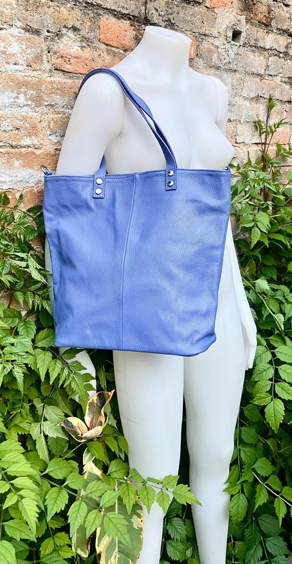 Purple - blue leather shoulder / crossbody bag. Genuine leather periwinkle color tote. Laptop, tablet or book bag with lining and zipper.