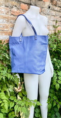 Purple - blue leather shoulder / crossbody bag. Genuine leather periwinkle color tote. Laptop, tablet or book bag with lining and zipper.