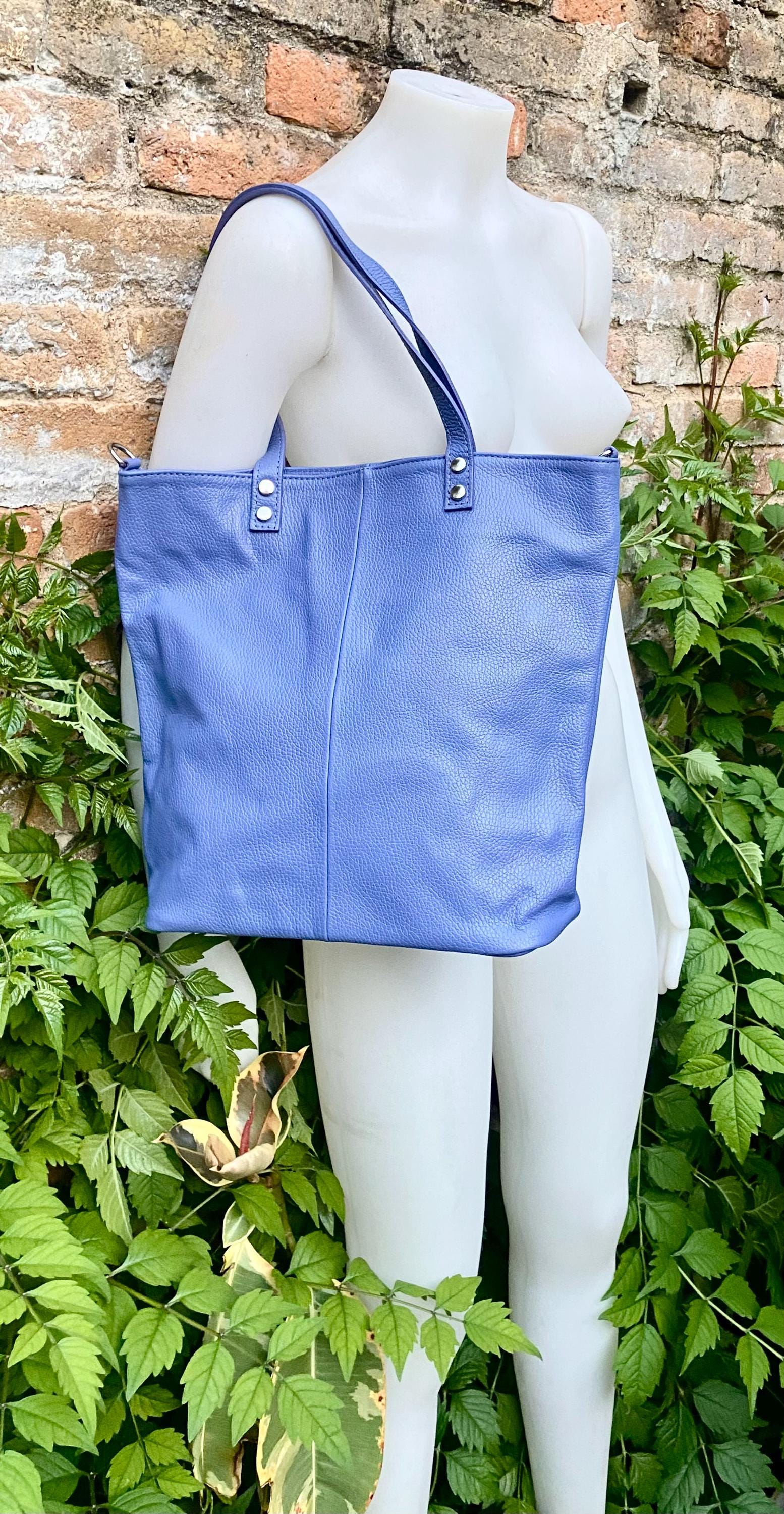Purple - blue leather shoulder / crossbody bag. Genuine leather periwinkle color tote. Laptop, tablet or book bag with lining and zipper.