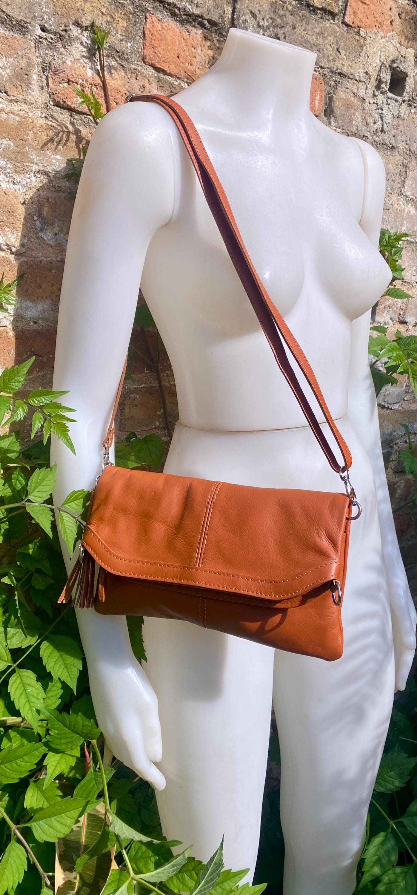Small leather bag in light camel brown. GENUINE leather crossbody/shoulder bag. Tan brown bag with adjustable strap, zipper and flap.