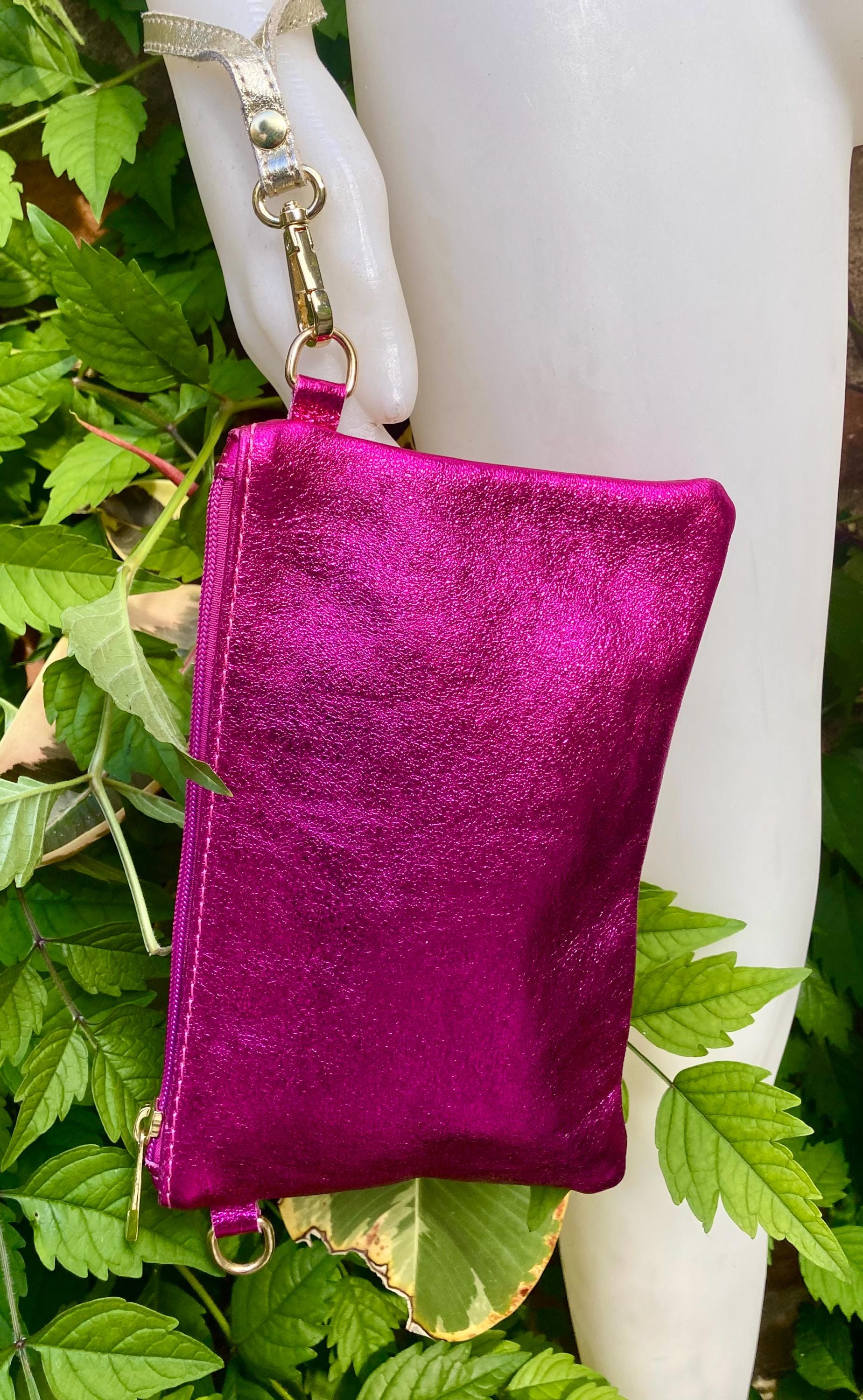 Small genuine leather bag in METALLIC hot pink. Cross body bag, shoulder bag or wristlet. Small glitter leather purse in magenta, fuchsia.