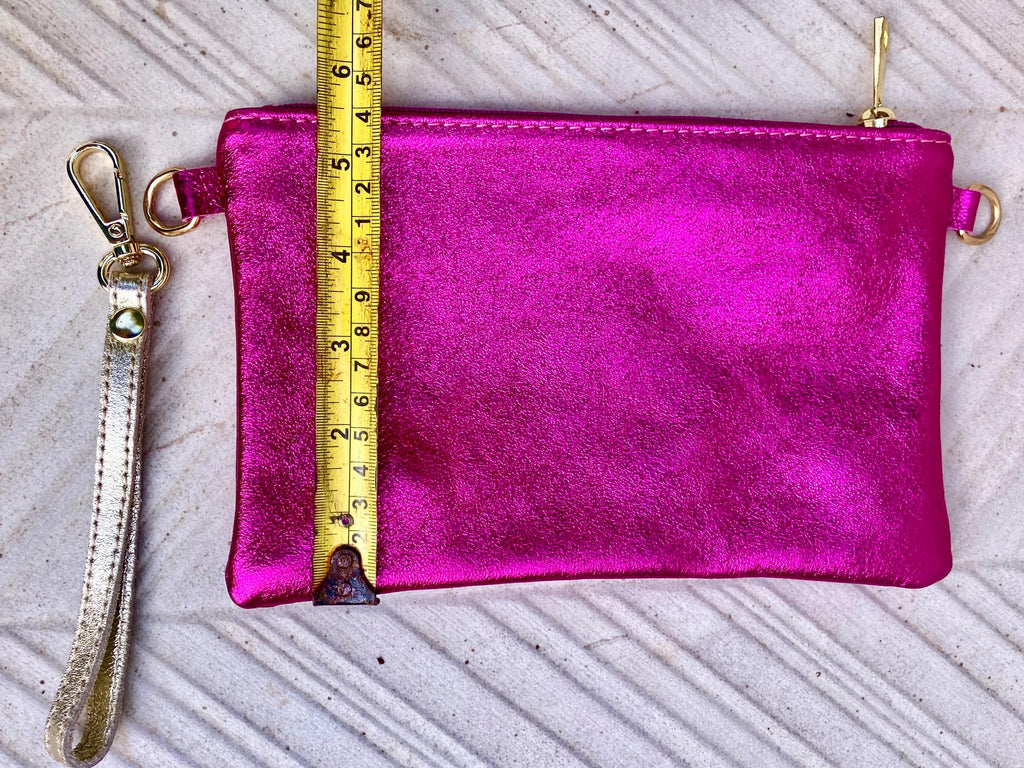 Small genuine leather bag in METALLIC hot pink. Cross body bag, shoulder bag or wristlet. Small glitter leather purse in magenta, fuchsia.