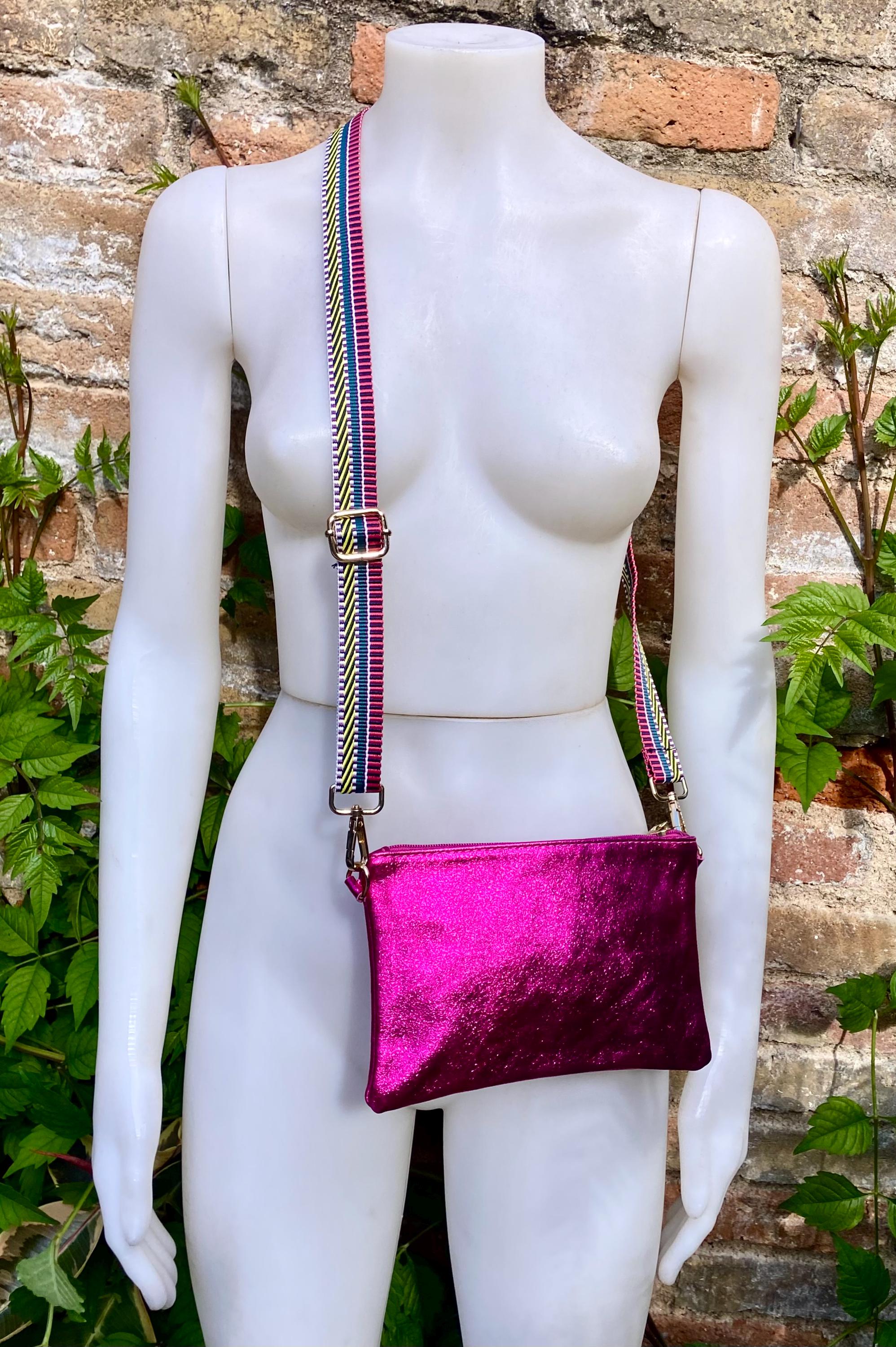 Small genuine leather bag in METALLIC hot pink. Cross body bag, shoulder bag or wristlet. Small glitter leather purse in magenta, fuchsia.