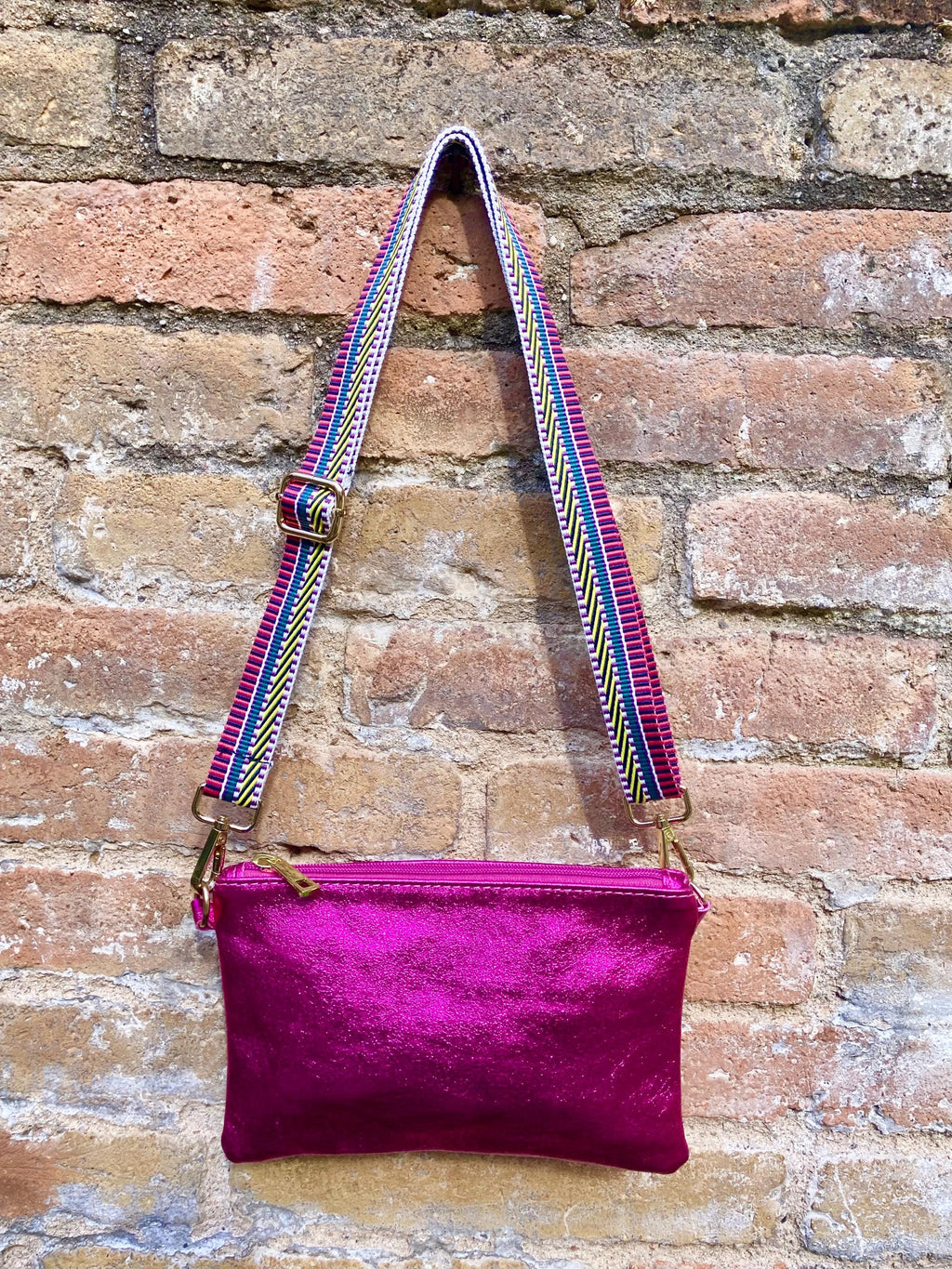 Small genuine leather bag in METALLIC hot pink. Cross body bag, shoulder bag or wristlet. Small glitter leather purse in magenta, fuchsia.