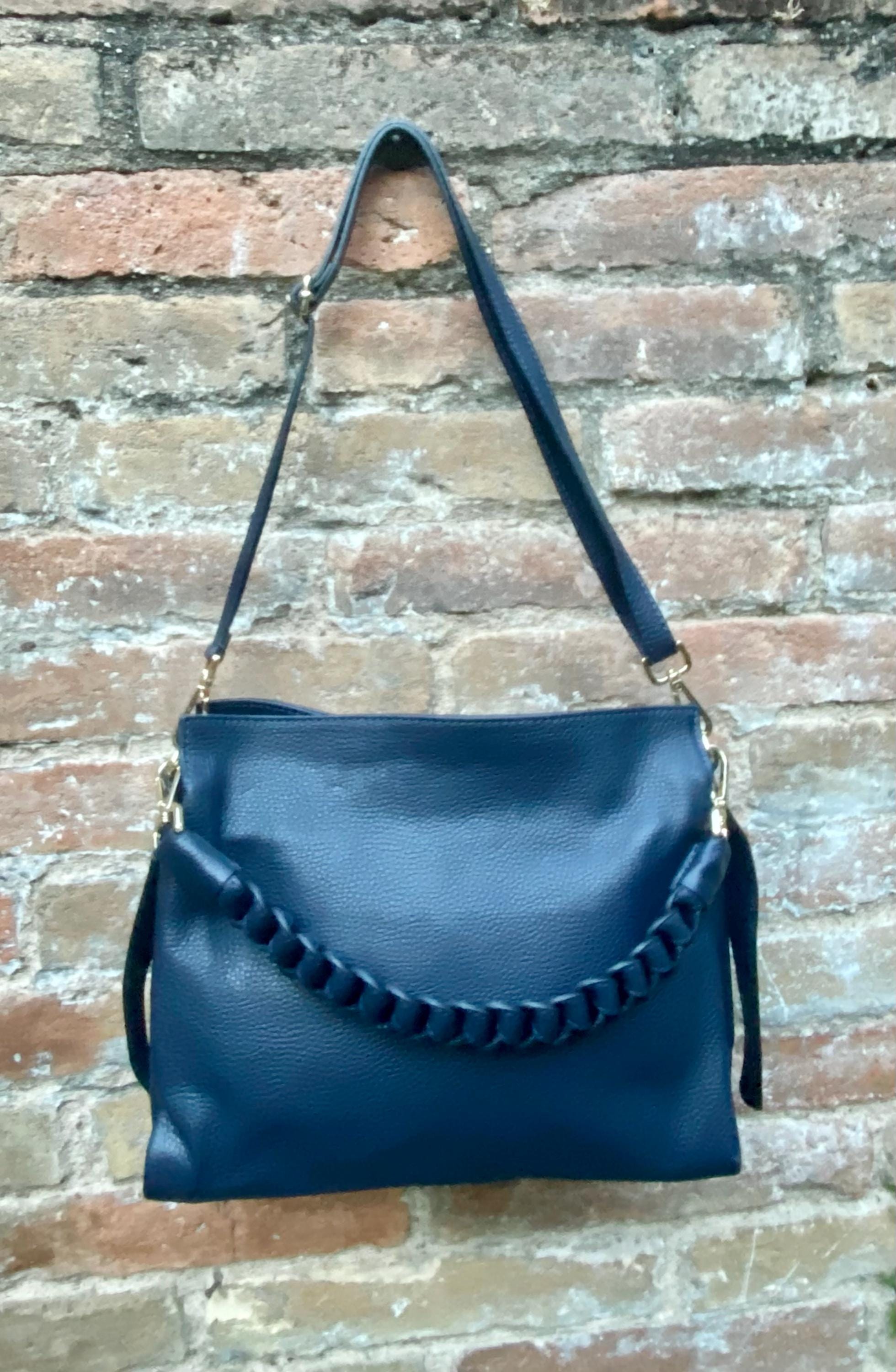 NAVY BLUE genuine leather bag. Hand / shoulder / crossbody bag. Removable longer adjustable strap. Dark blue shopper bag. Navy leather purse