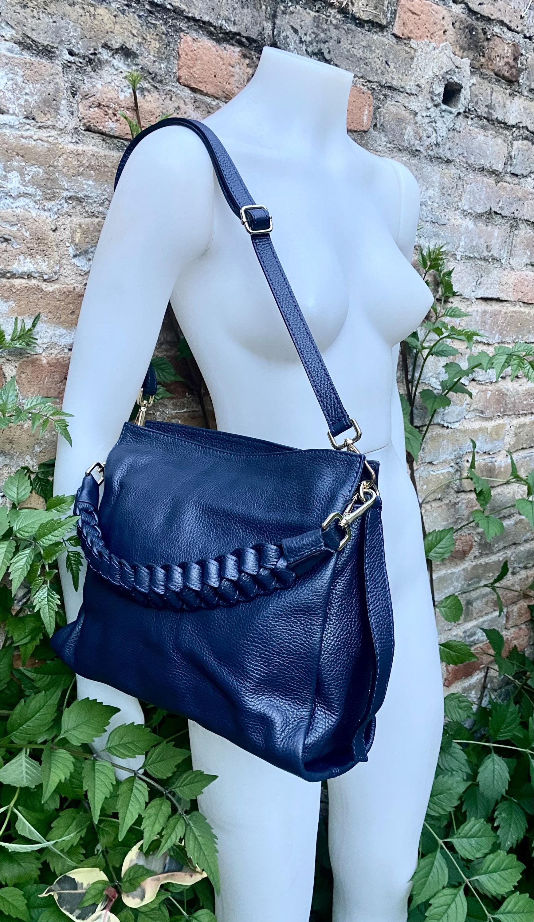 NAVY BLUE genuine leather bag. Hand / shoulder / crossbody bag. Removable longer adjustable strap. Dark blue shopper bag. Navy leather purse