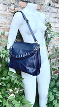 NAVY BLUE genuine leather bag. Hand / shoulder / crossbody bag. Removable longer adjustable strap. Dark blue shopper bag. Navy leather purse